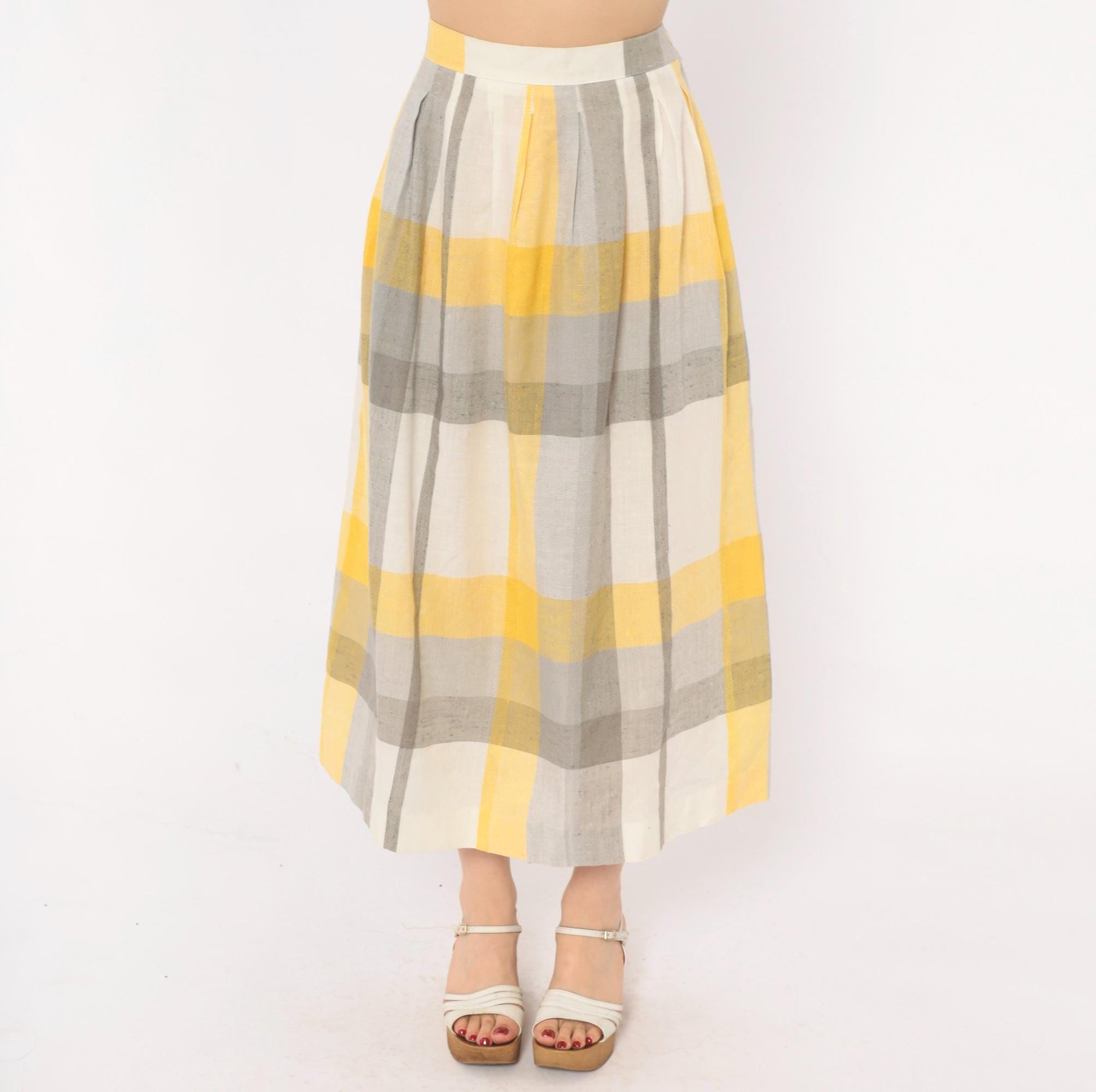 80s Stag & Co Plaid Midi Skirt Yellow Grey Ivory High Waist Pleated Medium