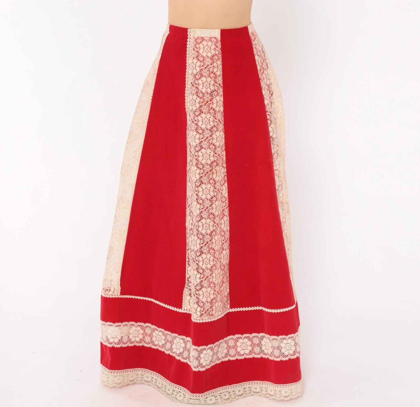 70s Red Velvet Maxi Skirt Cream Lace Panel A-Line Large L
