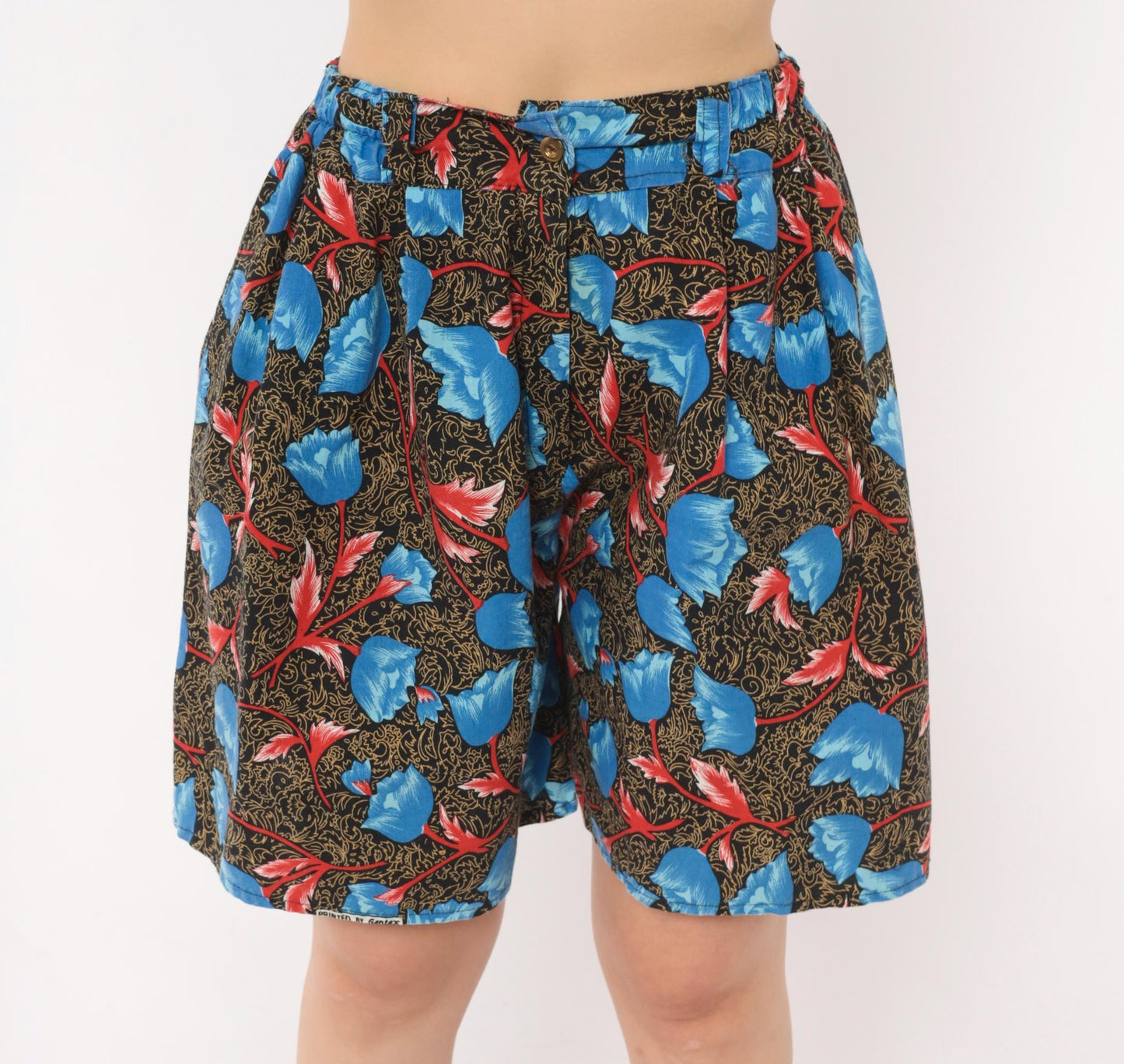 90s Blue Tulip Floral High-Waist Shorts Cotton Pleated Small Medium