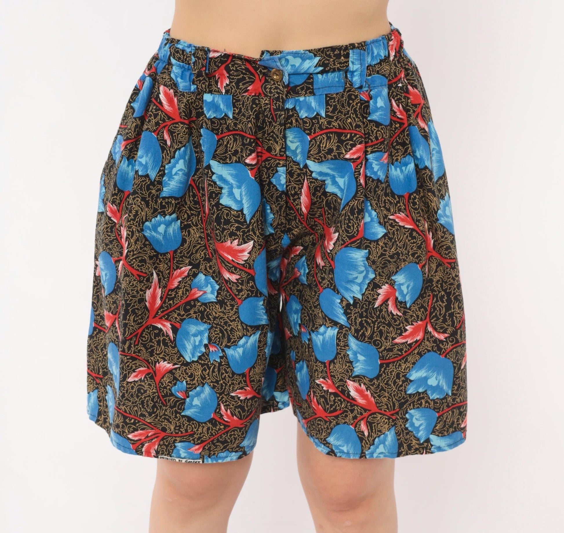 90s Blue Tulip Floral High-Waist Shorts Cotton Pleated Small Medium