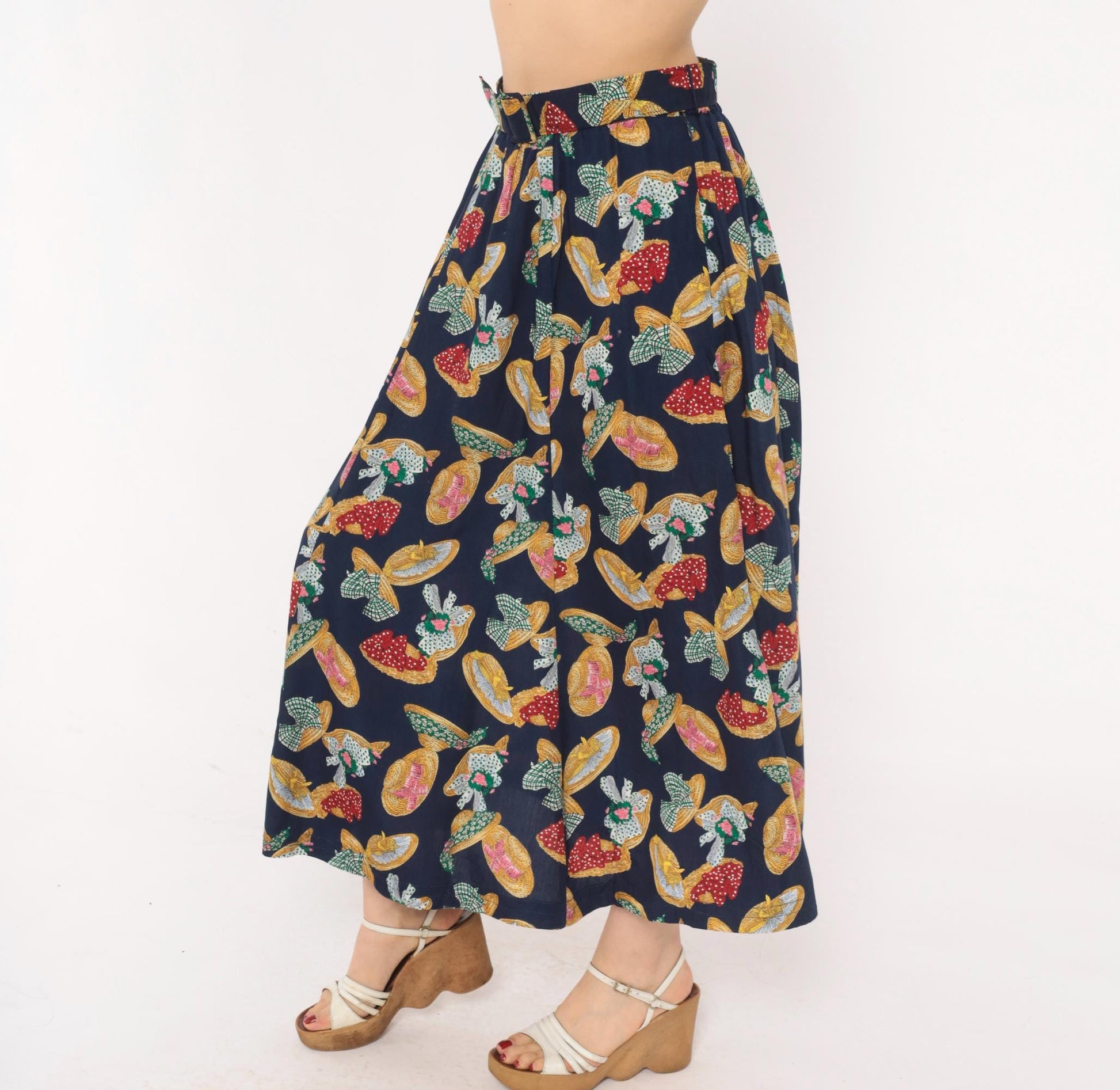 90s Susan Bristol Midi Skirt Straw Hat Print Navy Yellow Green Medium M
