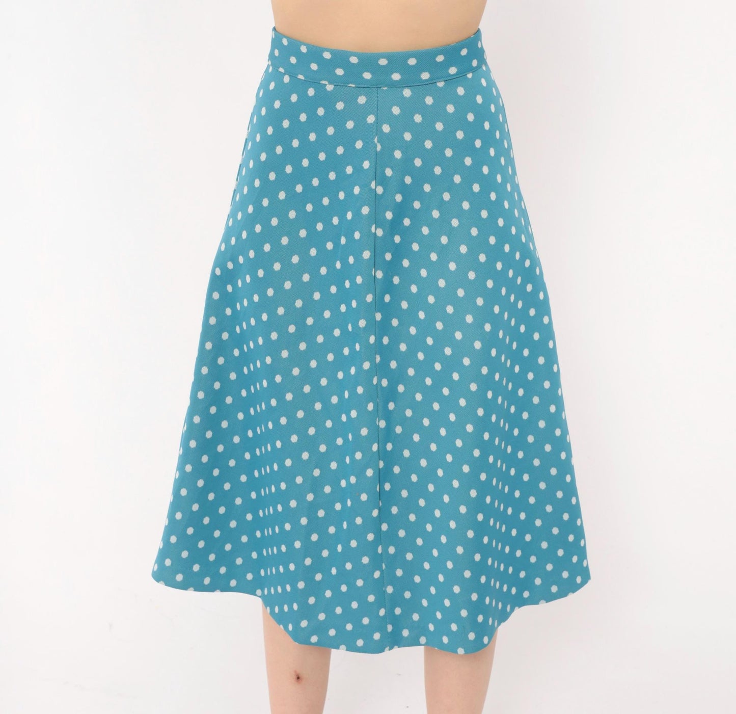 70s Teal Polka Dot A-Line Skirt White Spots Button Back Knee-Length Extra Small
