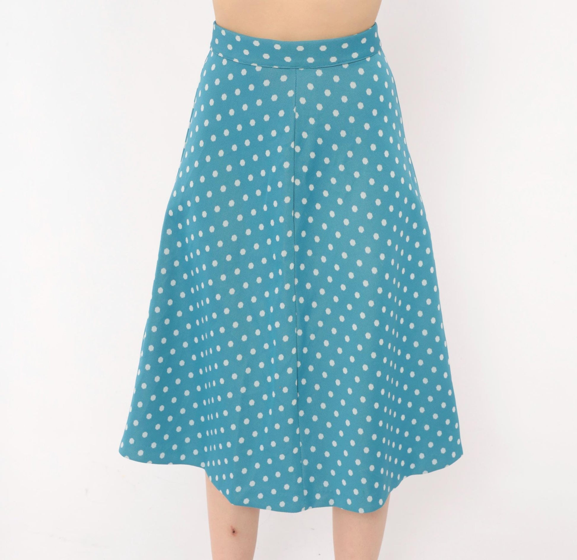 70s Teal Polka Dot A-Line Skirt White Spots Button Back Knee-Length Extra Small