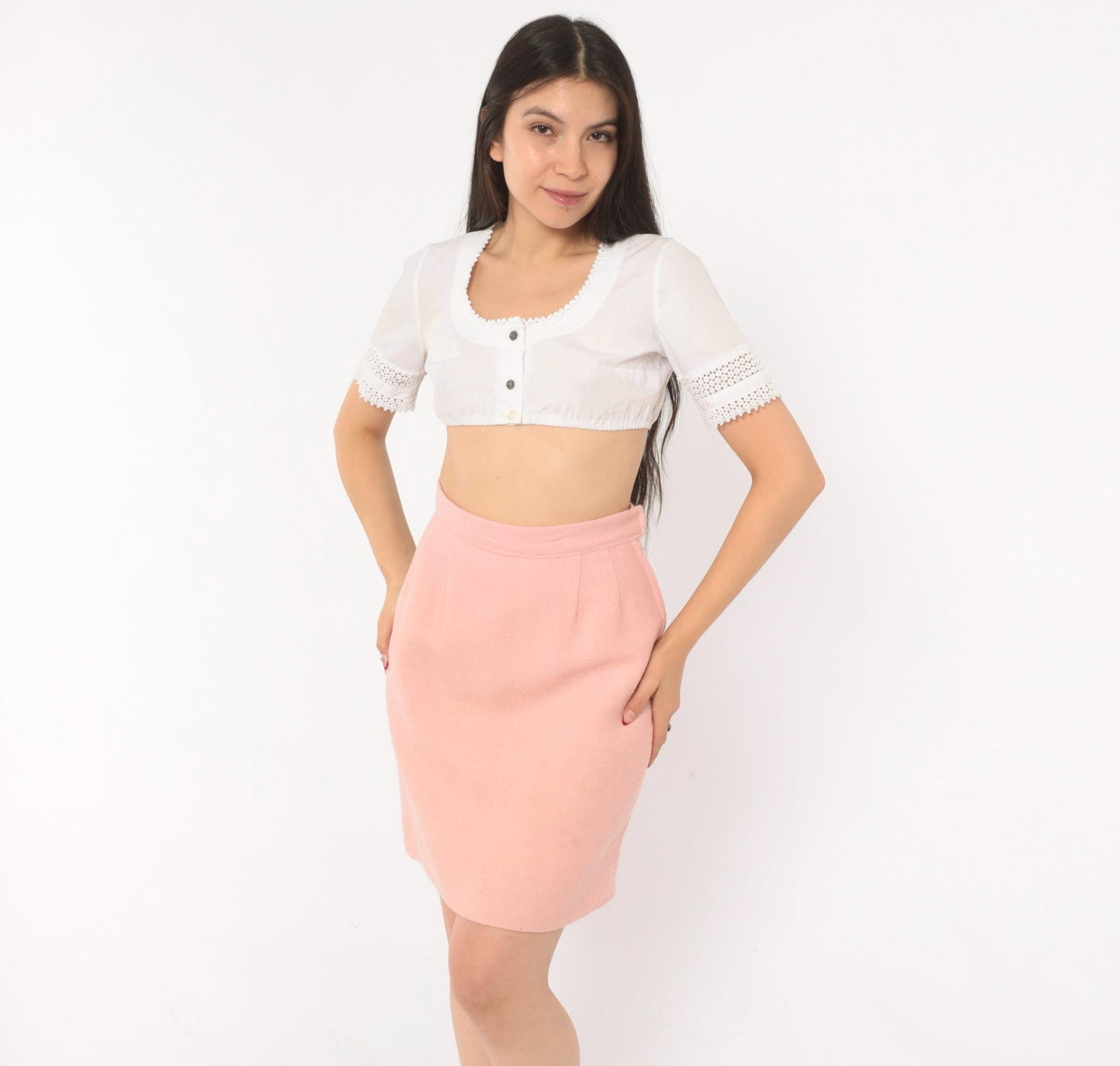 60s Blush Pink Wool Mini Skirt A-Line High Waist Extra Small XS