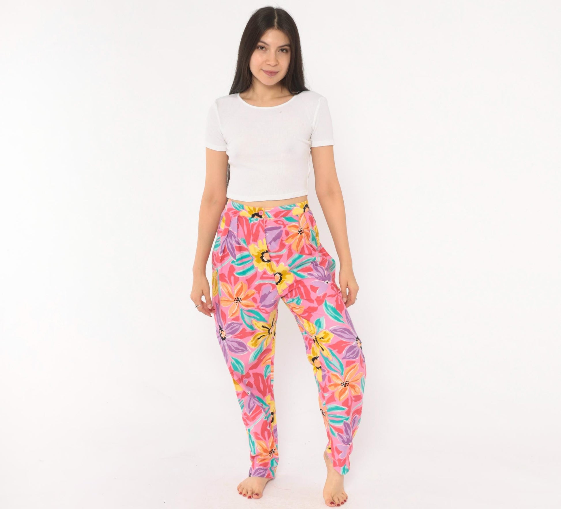 90s Charles Glueck Tropical Floral Tapered Pants Pink Purple High Waist Small