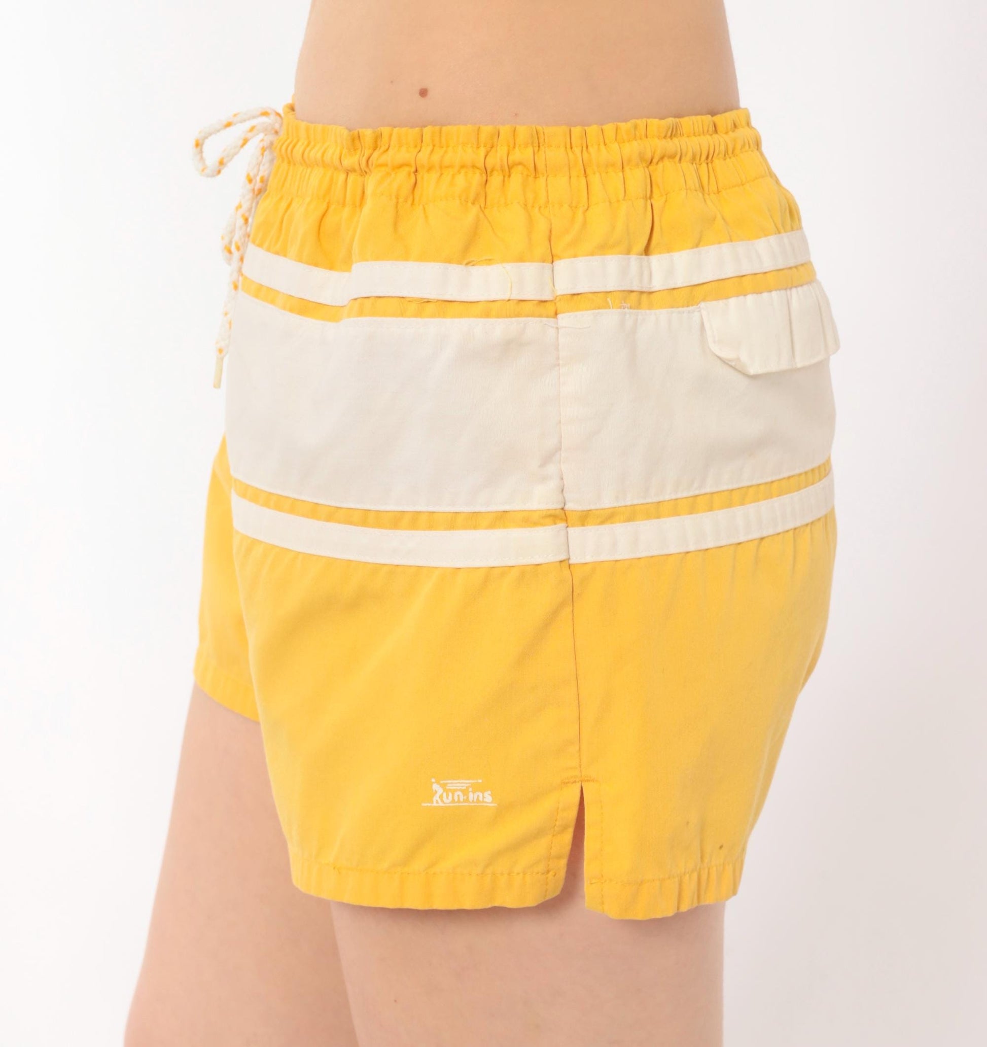 80s Run Ins Yellow Striped Swim Shorts White Band Medium