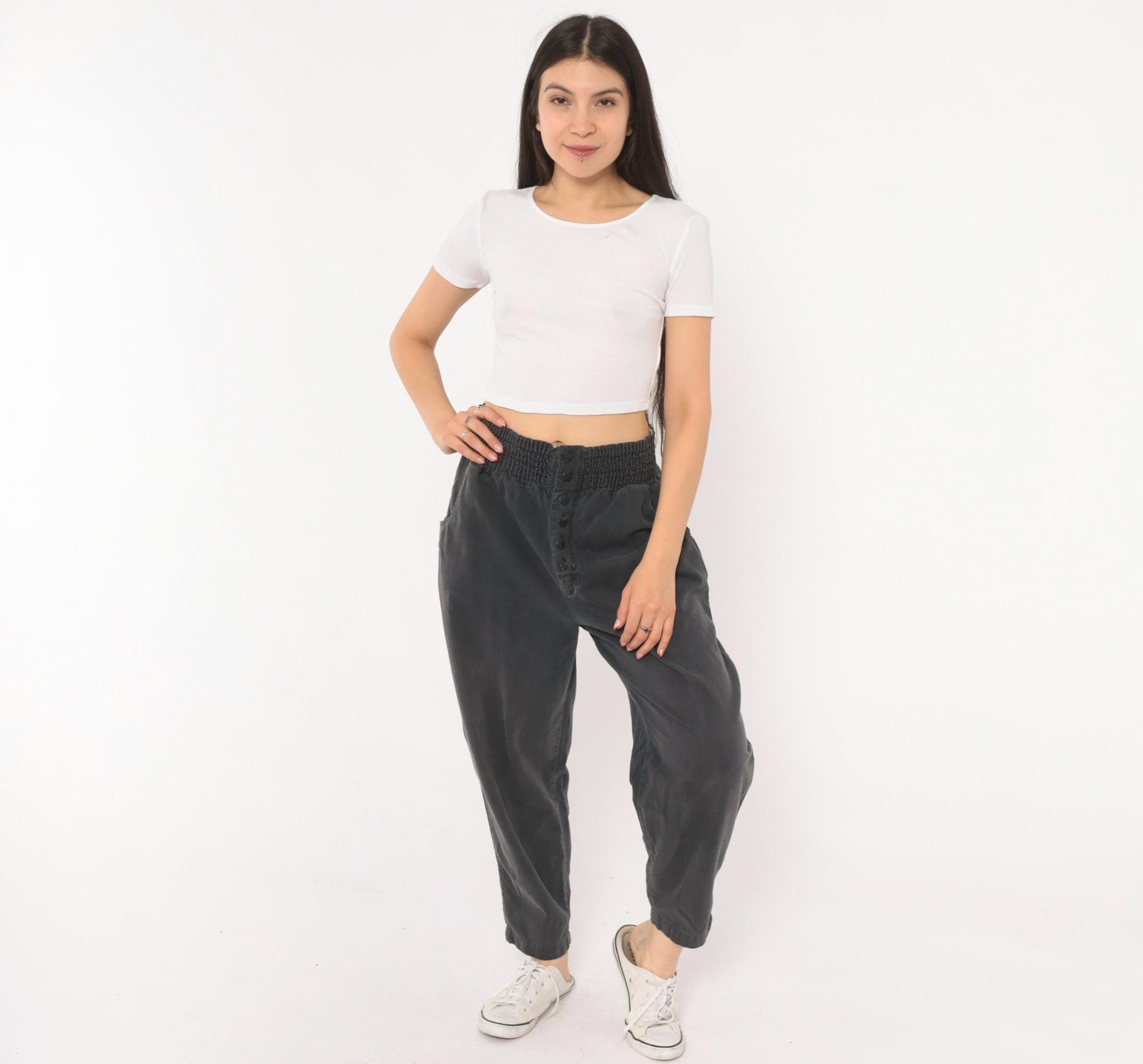 90s Smocked Waist Tapered Trouser Grey Cotton High Rise Button Fly Medium M