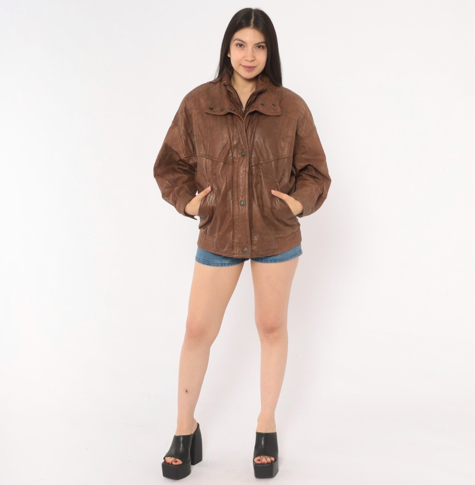 80s Adventure Bound Brown Leather Moto Jacket Snap Collar Small S