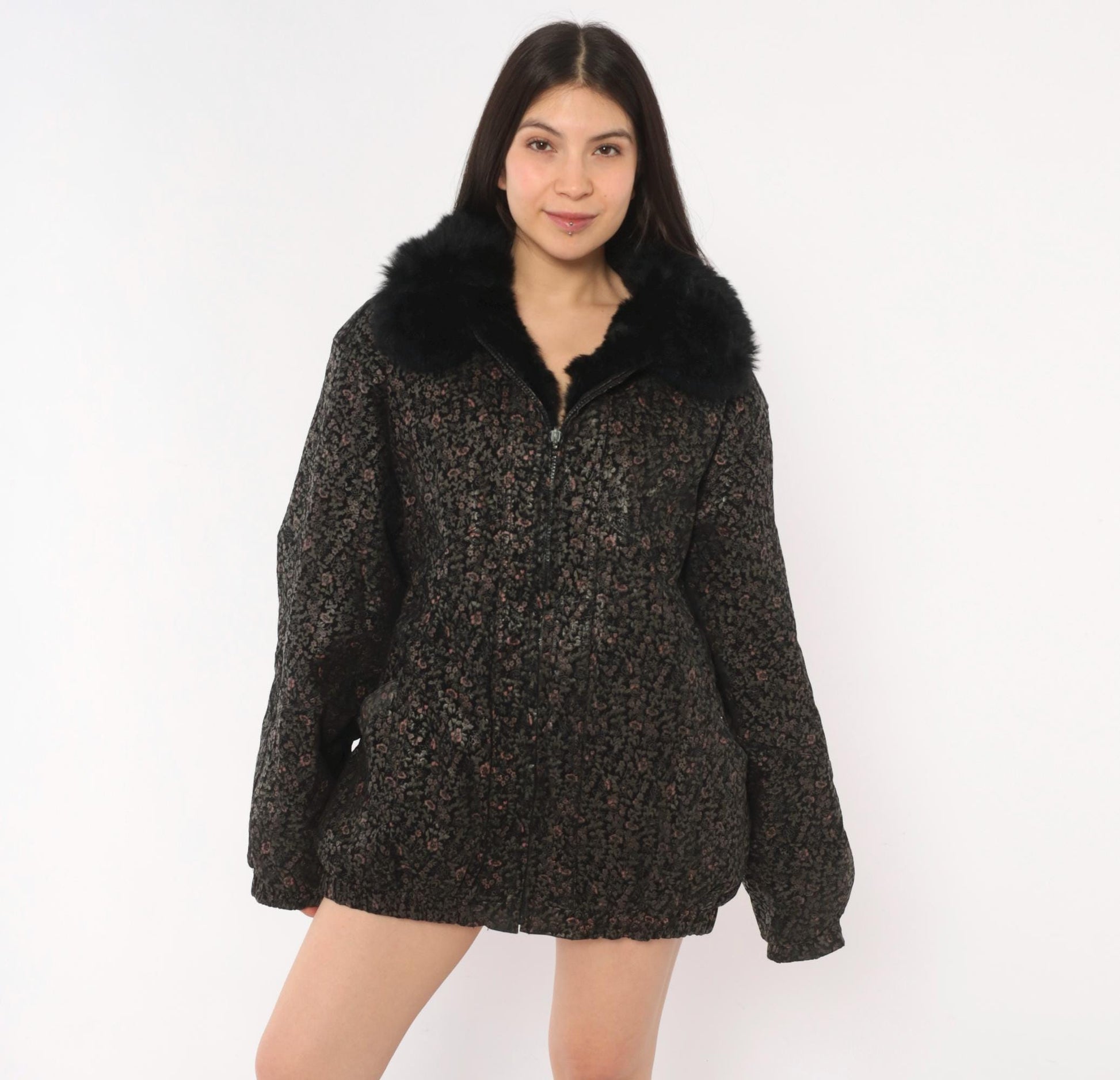 90s Black Floral Suede Bomber Jacket Faux Fur Collar Pink Extra Large