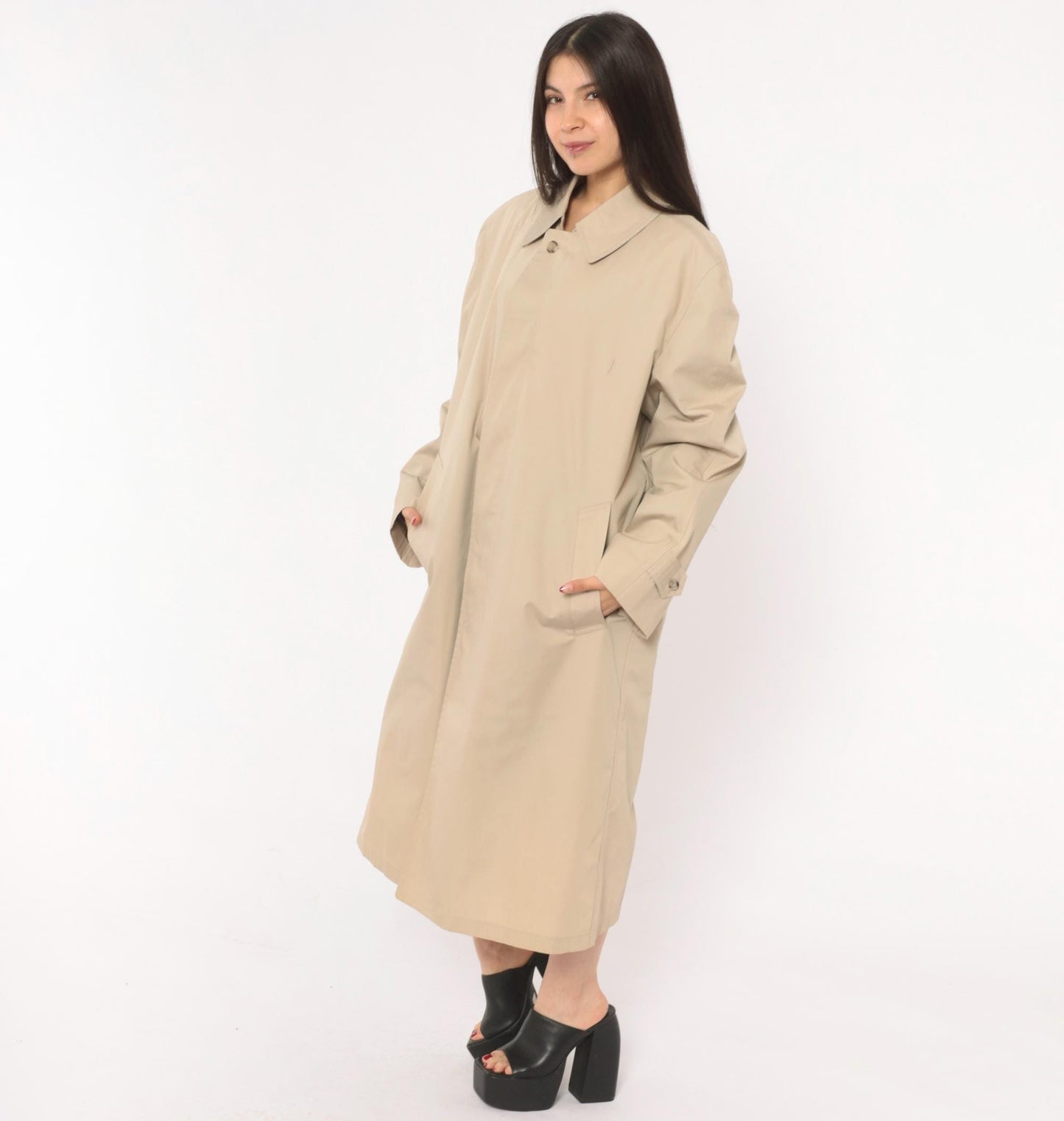 80s London Fog Trench Coat Beige Long Spread Collar Single Button Large