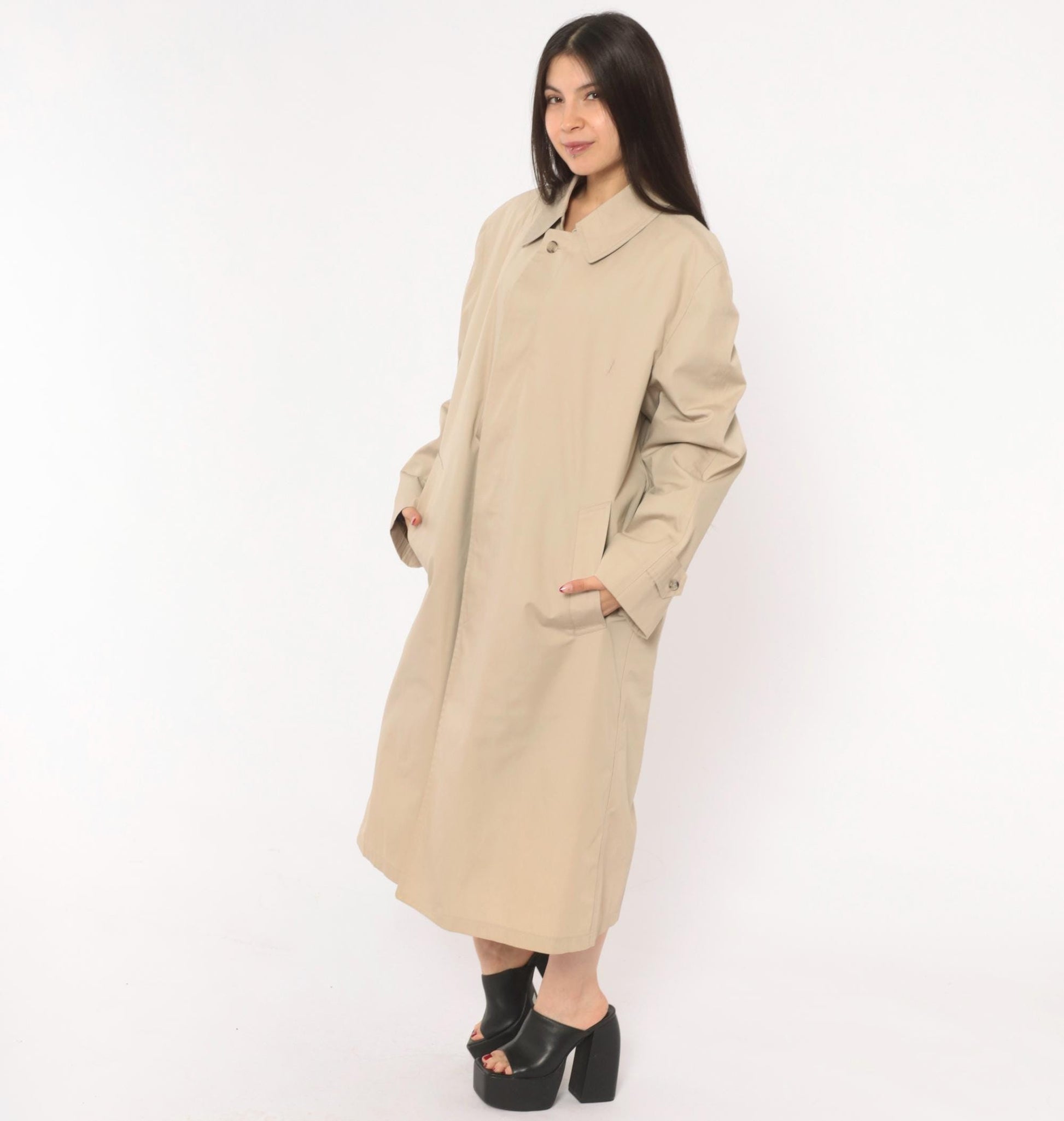 80s London Fog Trench Coat Beige Long Spread Collar Single Button Large
