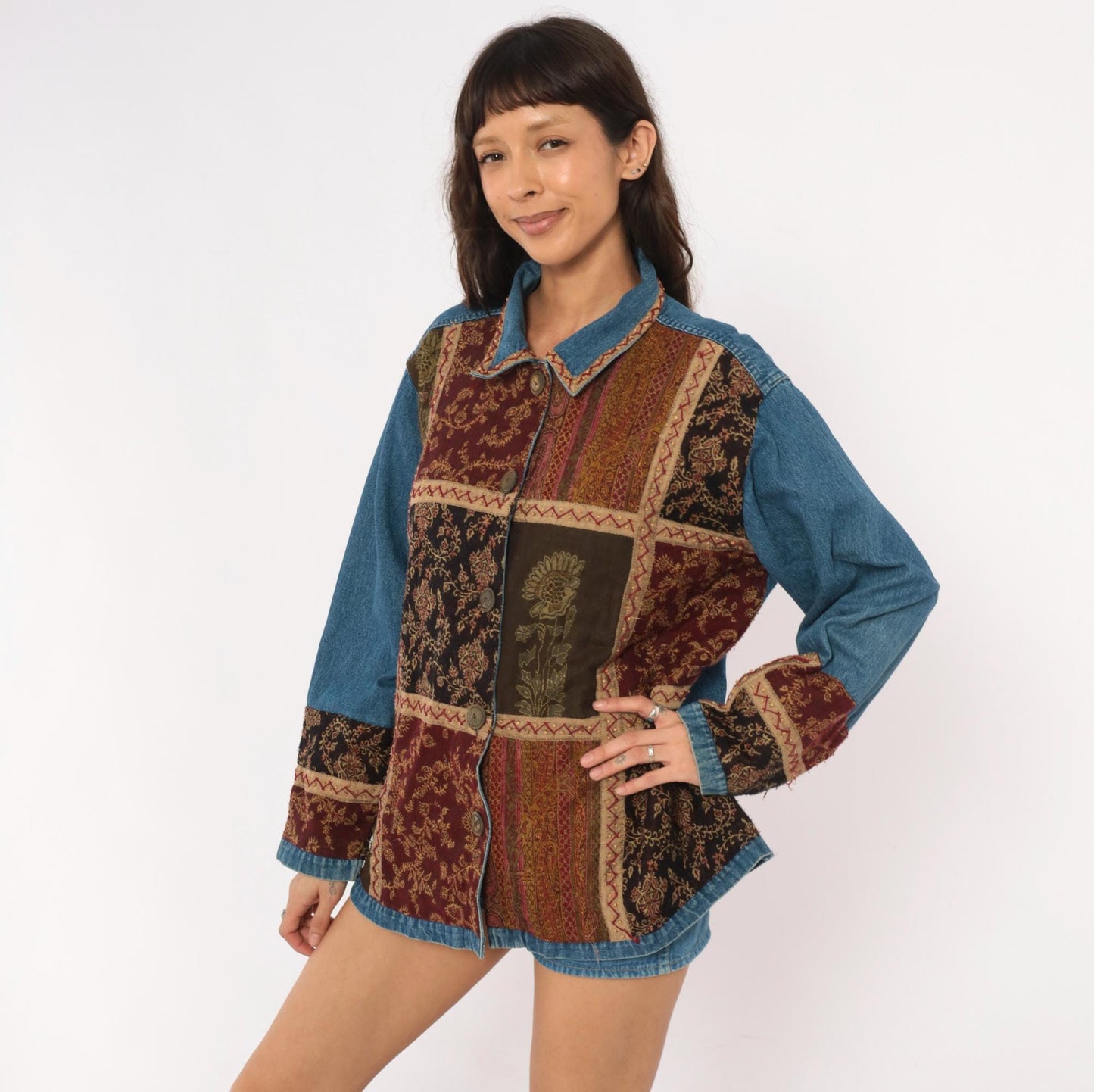 Y2K Units Woman Patchwork Denim Jacket Floral Tapestry Burgundy Extra Large XL