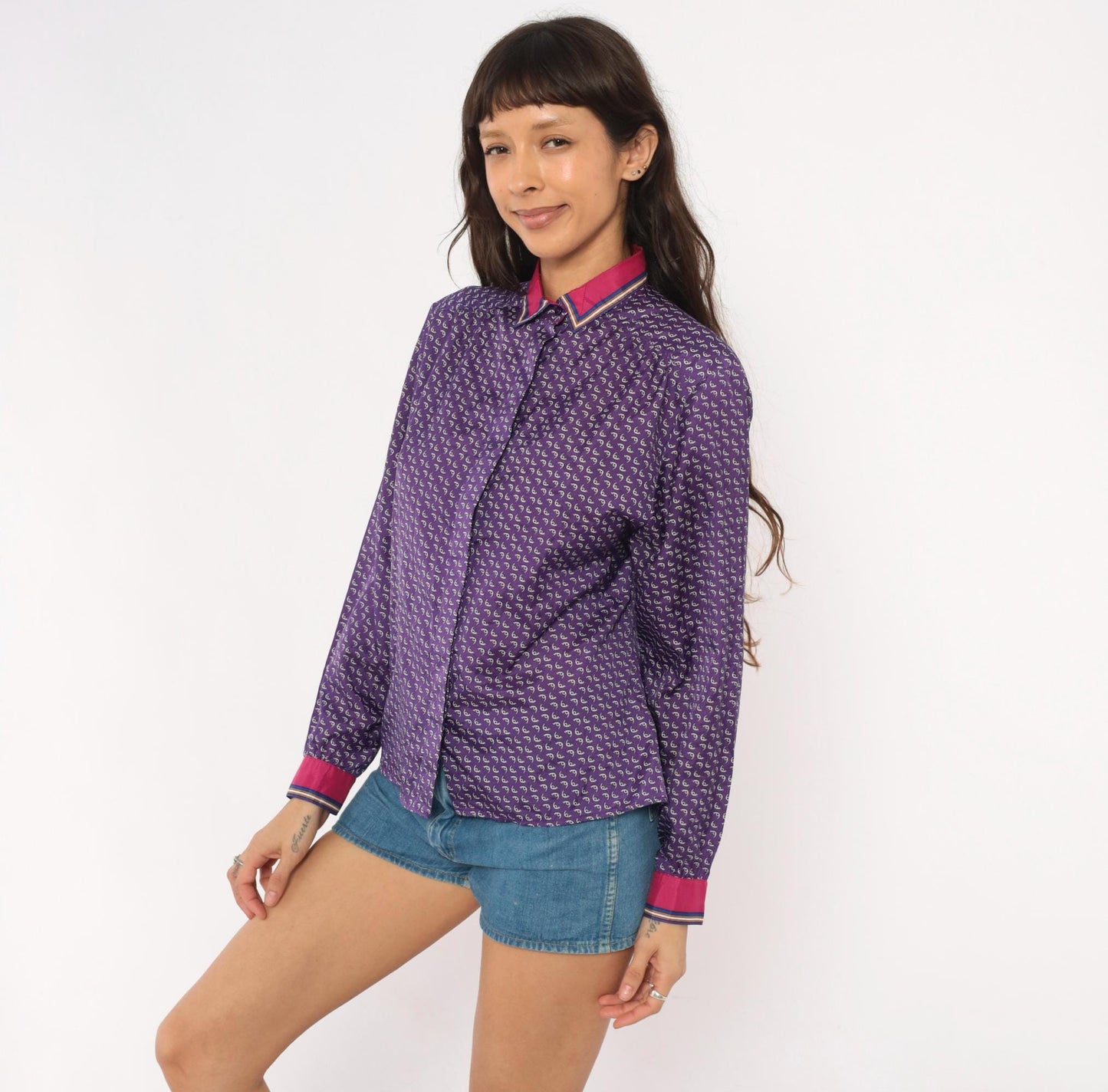 80s Lady Arrow Purple Paisley Button Blouse Pink Contrast Cuffs Medium