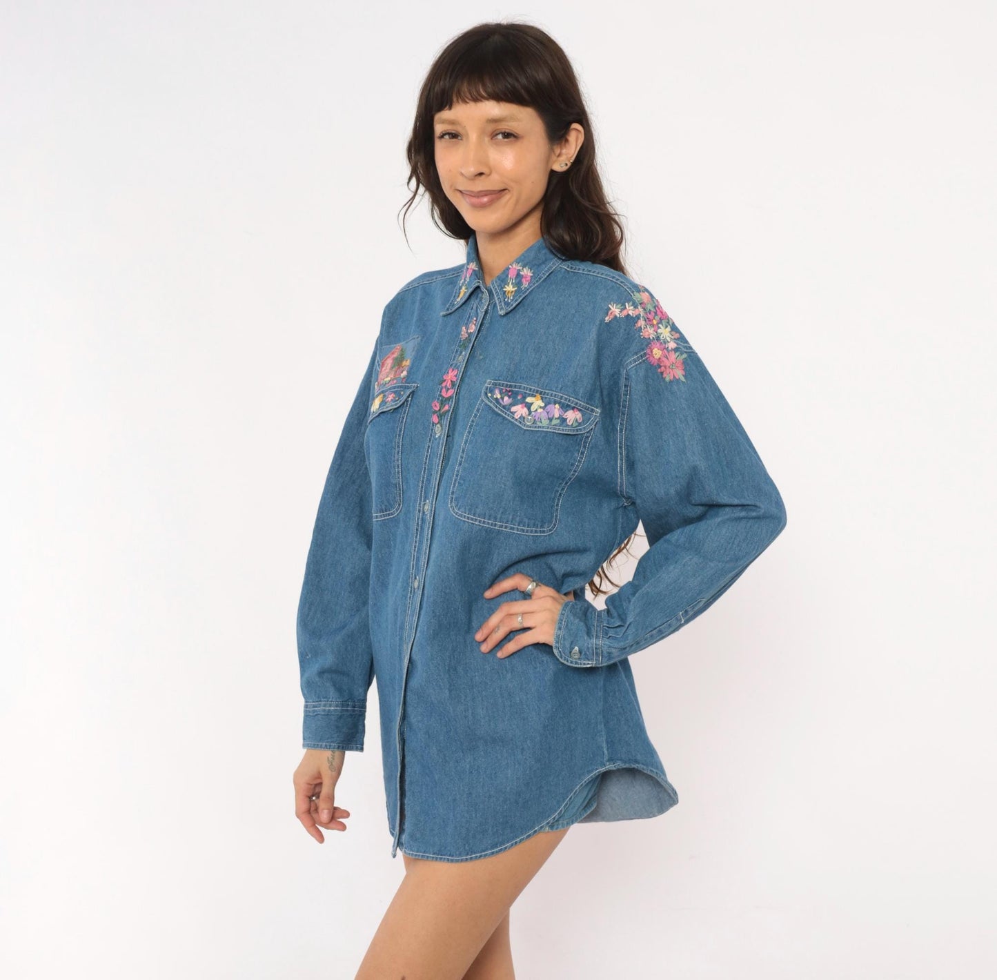 90s Short Circuit Blues Denim Shirt Hand-Painted Floral Garden Multicolor Large L