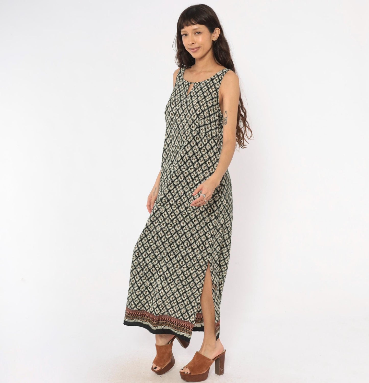 90s Dorée Collections Diamond Lattice Maxi Dress Black Cream Keyhole Large L