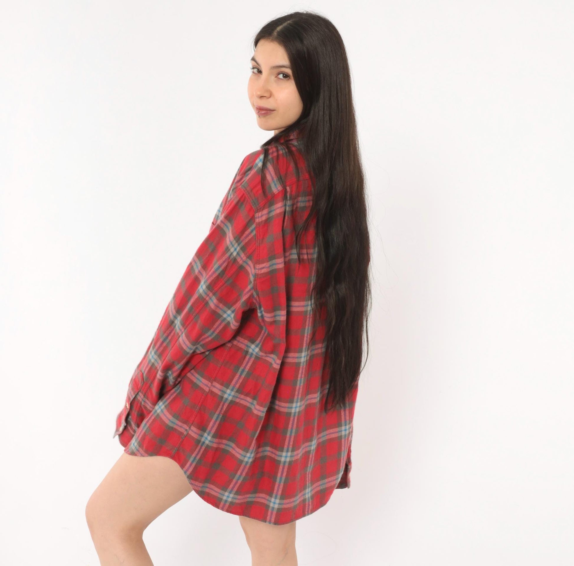 2000s J.Crew Red Plaid Flannel Button-Up Shirt Cotton Grey Blue Check Extra Large XL