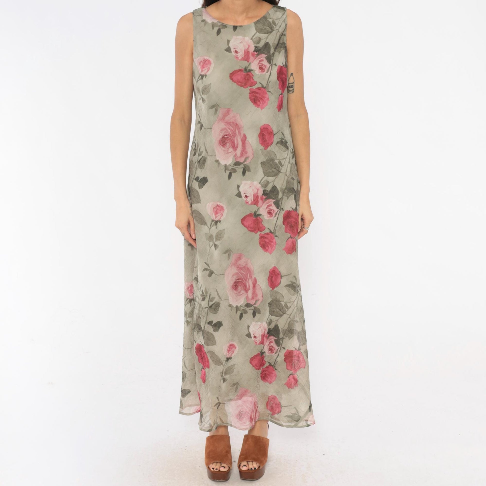 90s Dressbarn Maxi Dress Olive Rose Floral Chiffon Sleeveless Large L