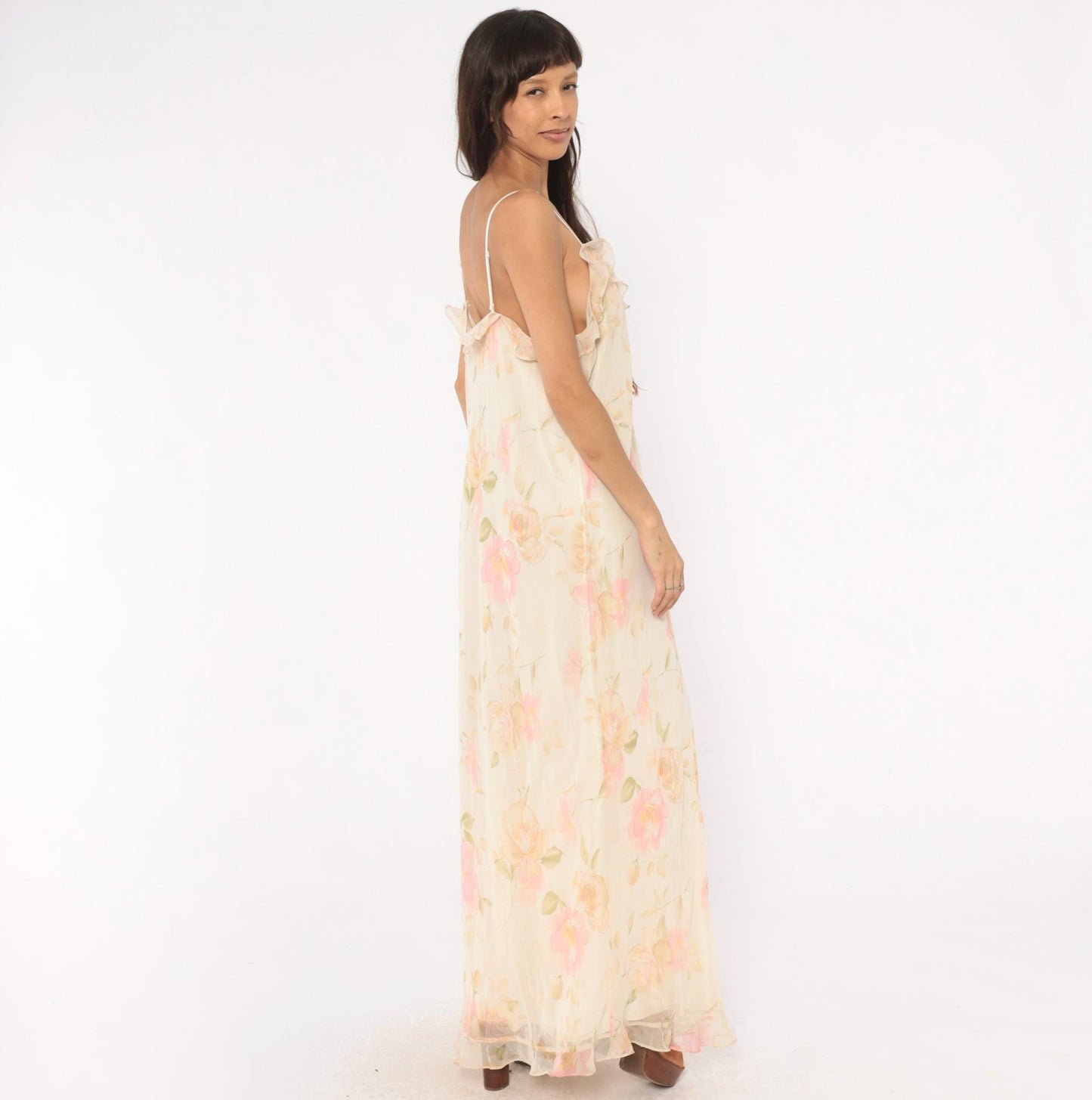 90s Valerie Stevens Floral Maxi Dress Cream Pink Chiffon V-Neck Extra Large XL