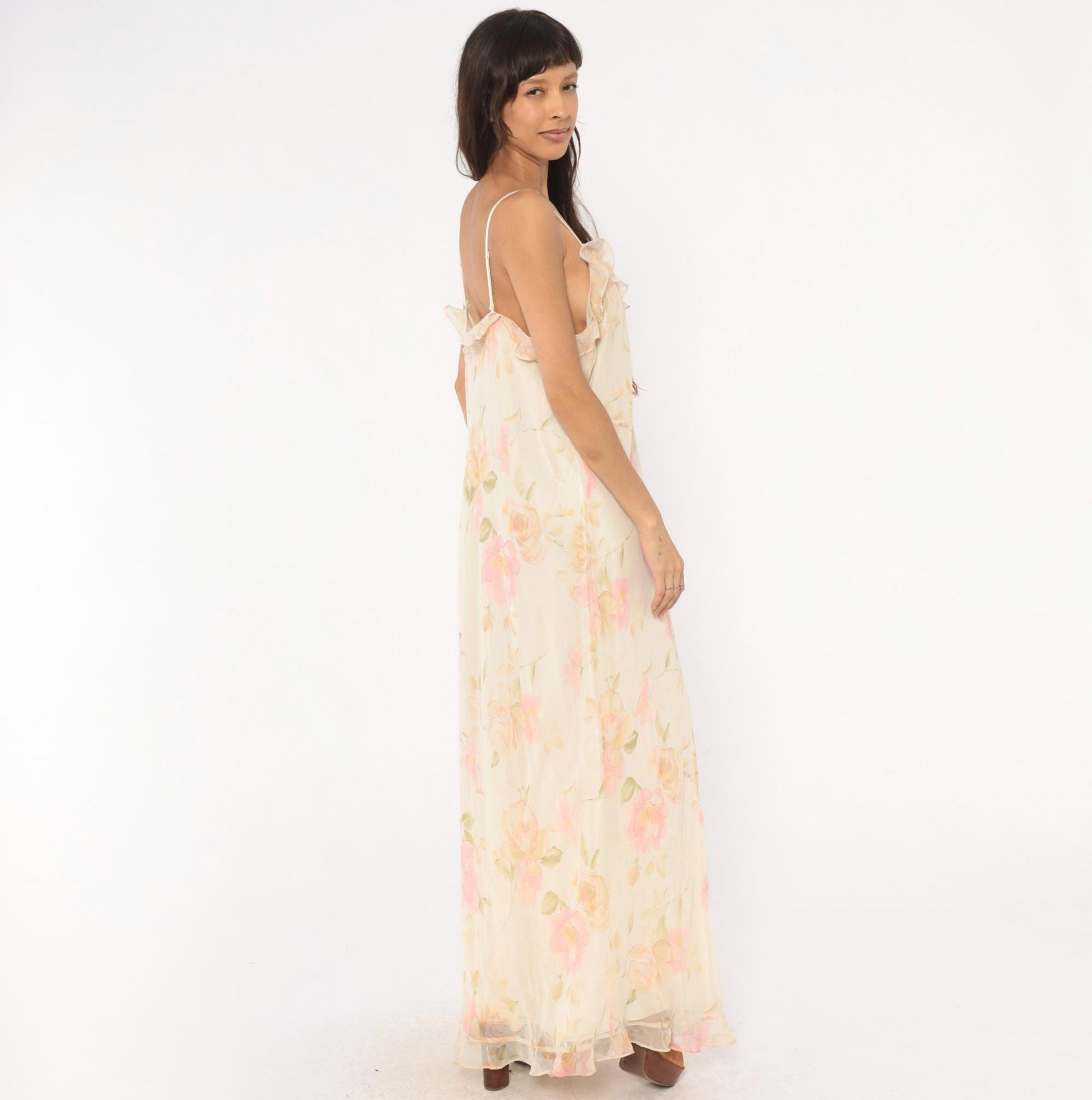 90s Valerie Stevens Floral Maxi Dress Cream Pink Chiffon V-Neck Extra Large XL