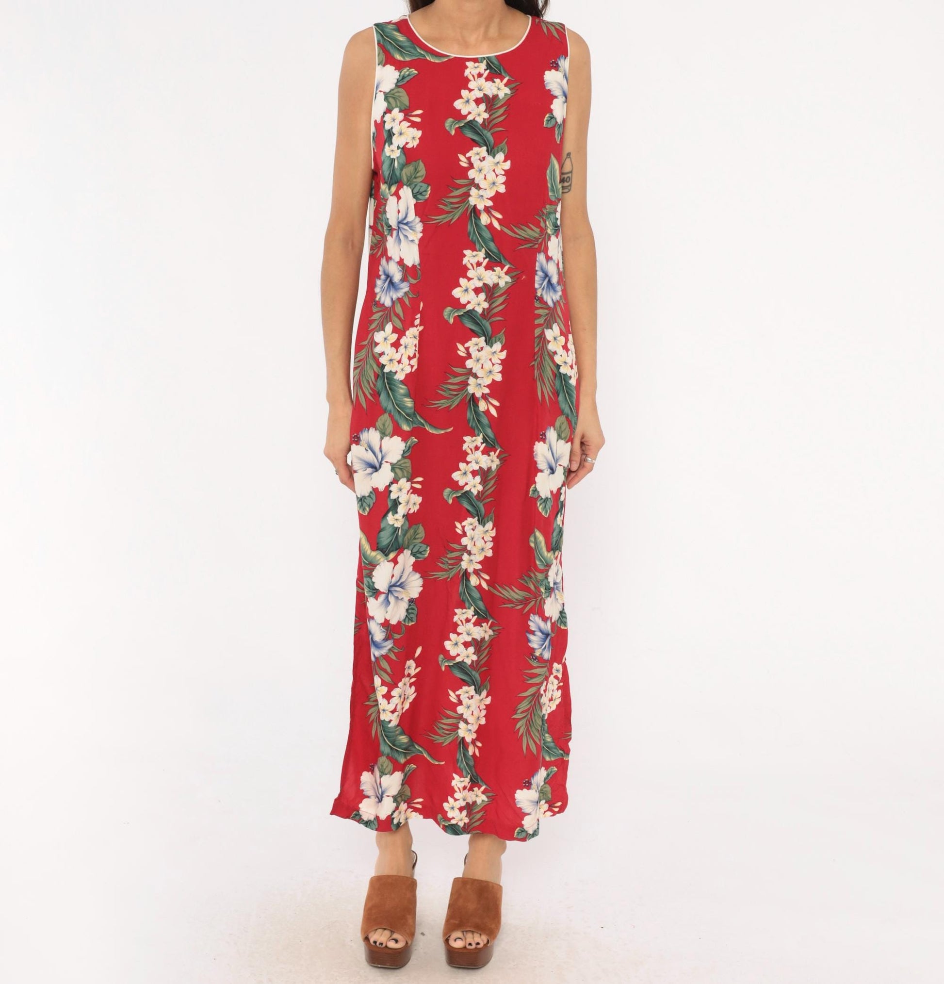 90s Iolani Hawaiian Maxi Dress Red Tropical Floral Sleeveless Large L