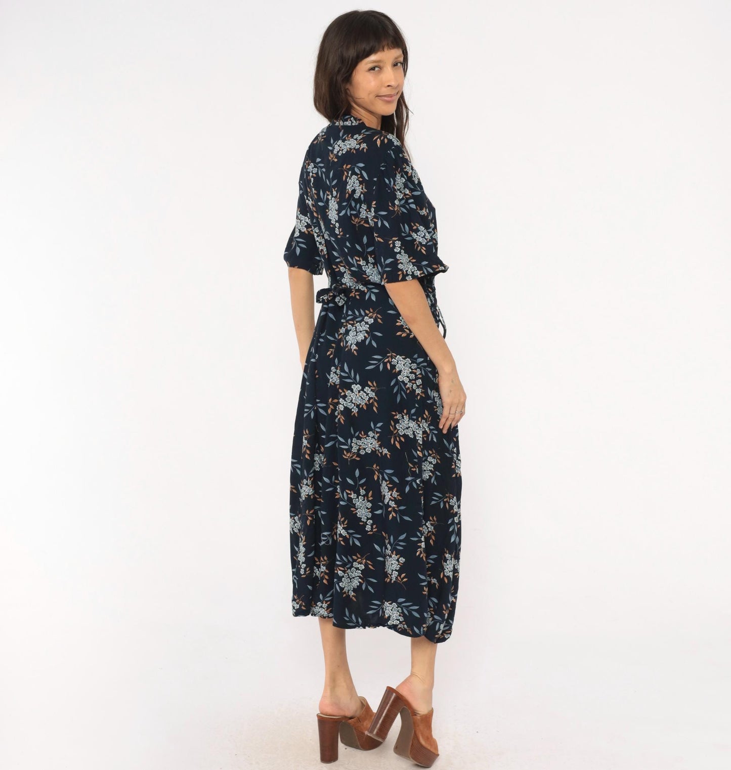 90s Jamie Brooke Floral Midi Dress Navy Blue Tie Waist Plus Size 20W