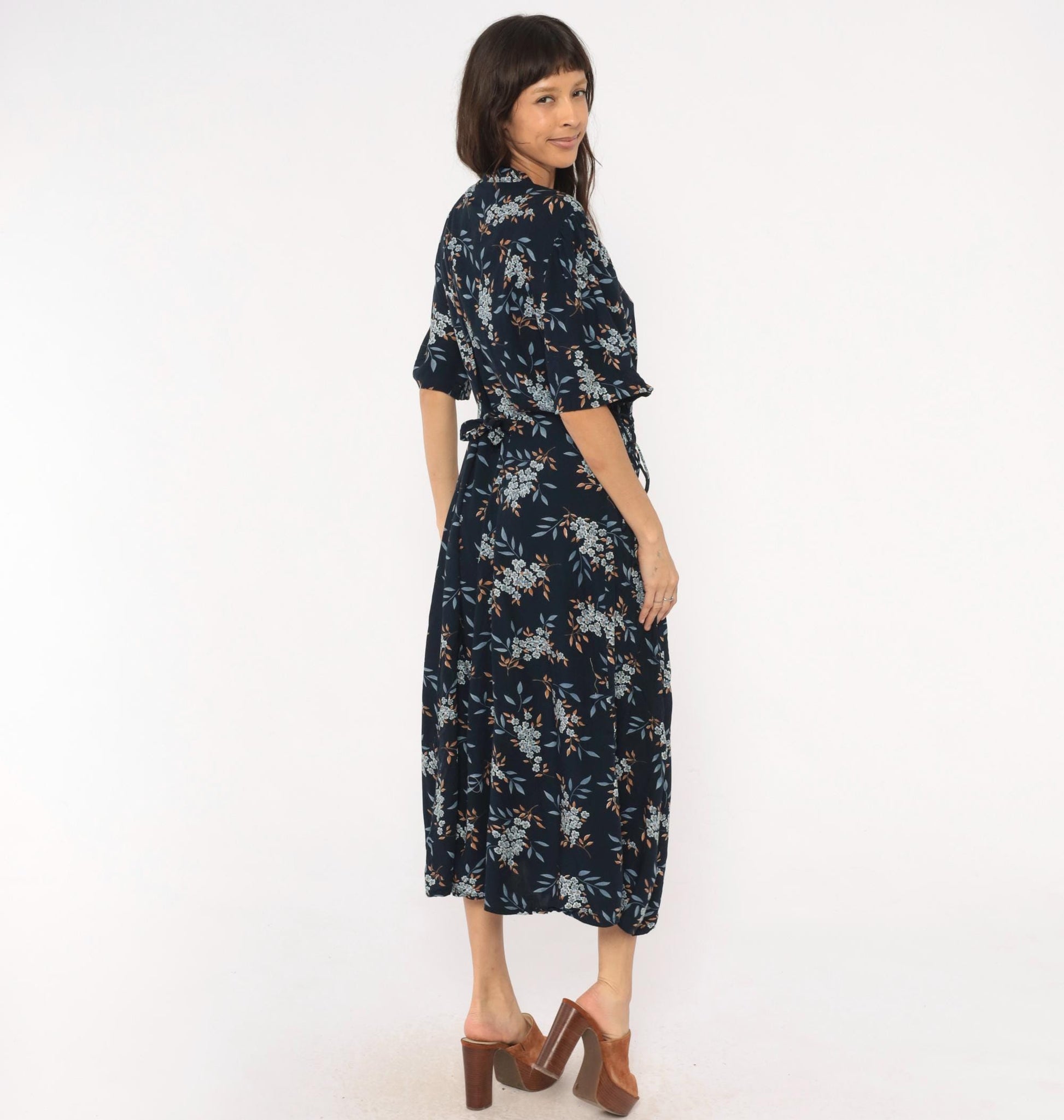 90s Jamie Brooke Floral Midi Dress Navy Blue Tie Waist Plus Size 20W