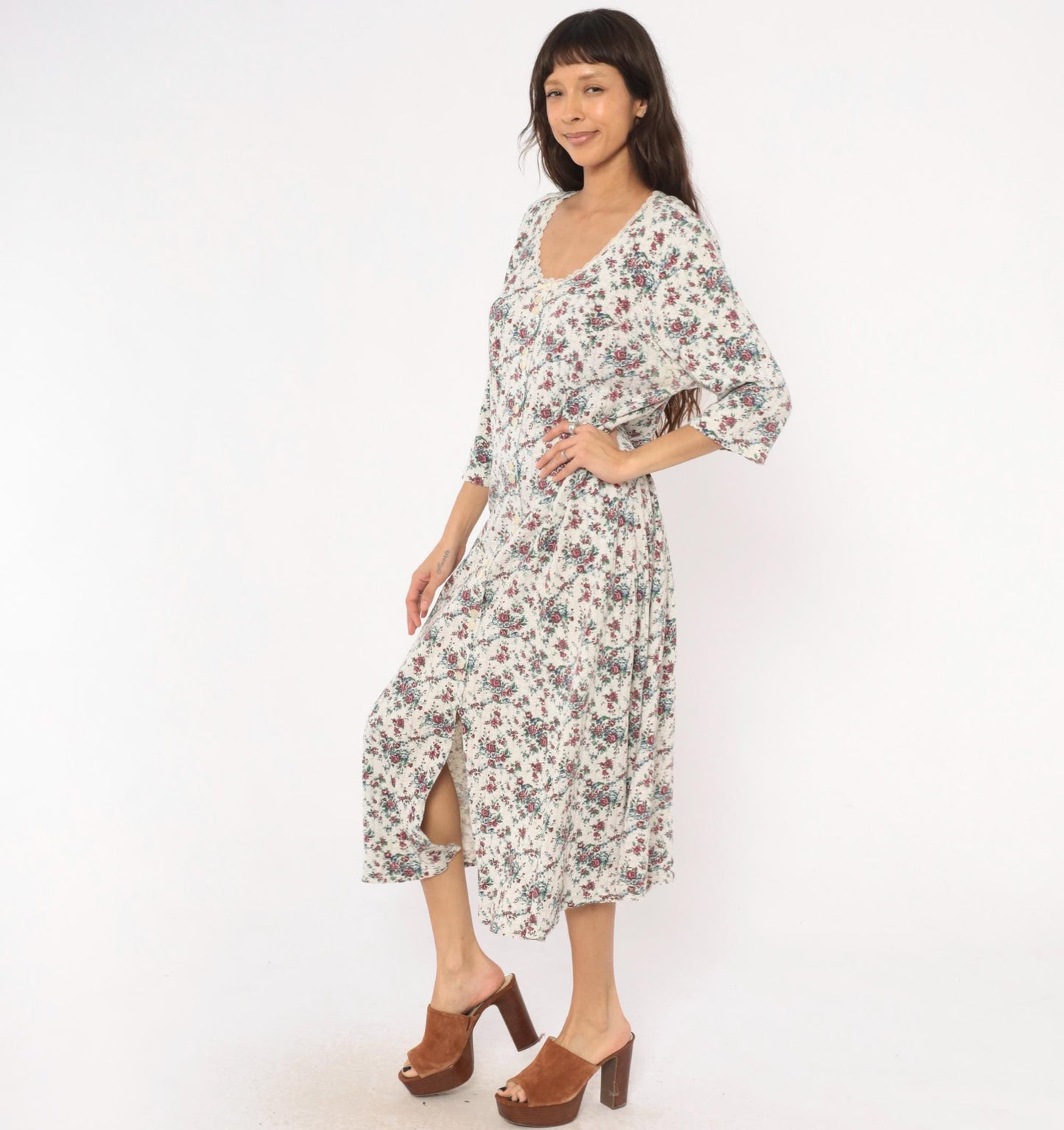 90s More En Focus Floral Midi Dress Bell Sleeve White Burgundy Large L