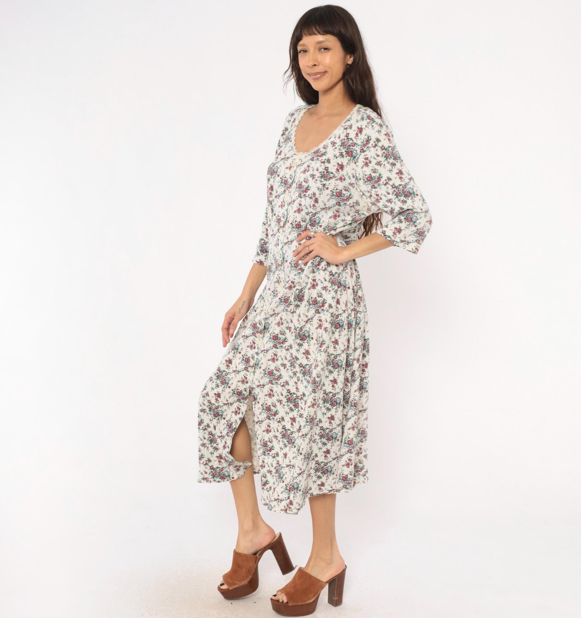 90s More En Focus Floral Midi Dress Bell Sleeve White Burgundy Large L
