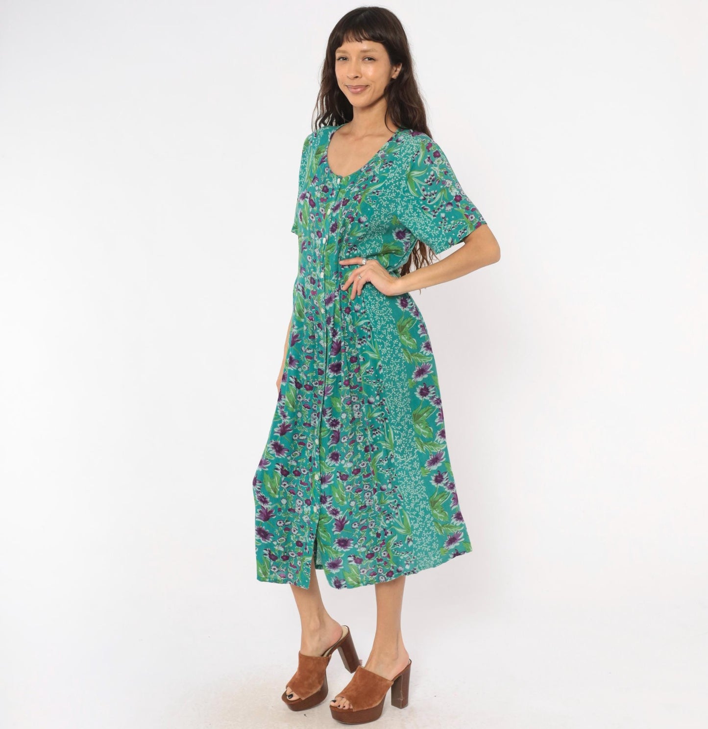 90s La Cera Floral Button Front Midi Dress Teal Purple Pockets Medium M