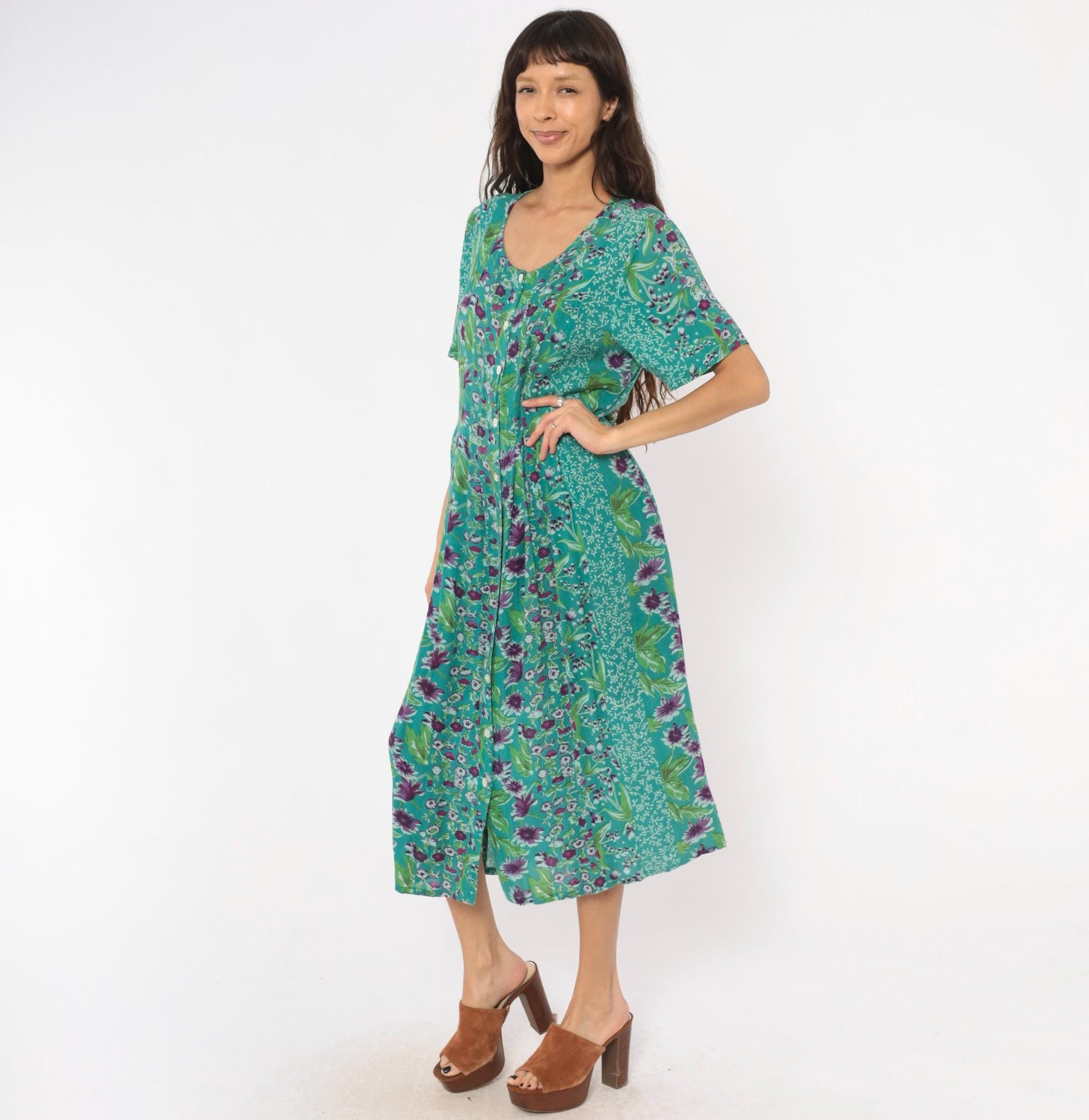 90s La Cera Floral Button Front Midi Dress Teal Purple Pockets Medium M