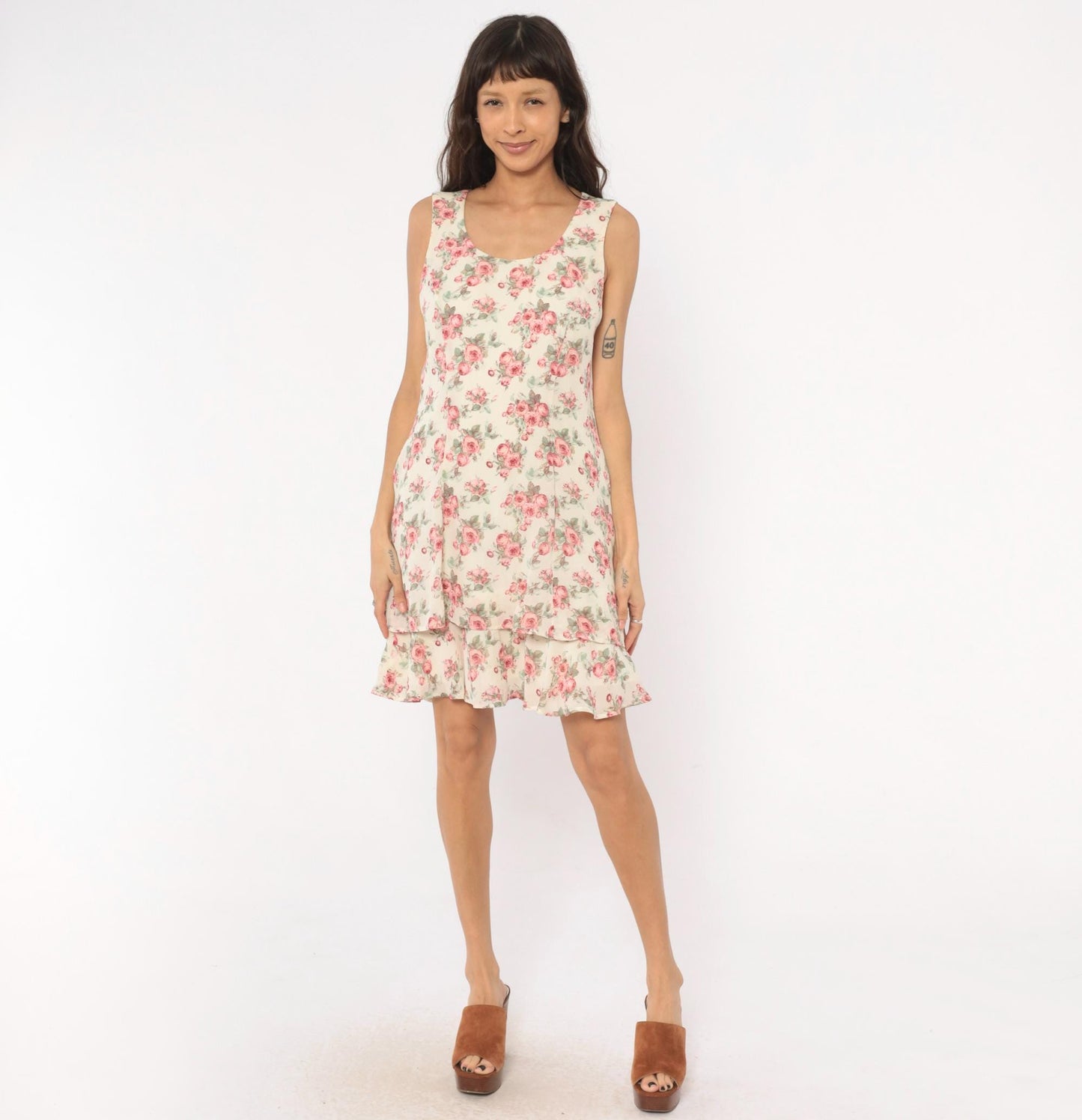 90s All That Jazz Rose Floral Sundress Cream Pink Scoop Neck Medium M