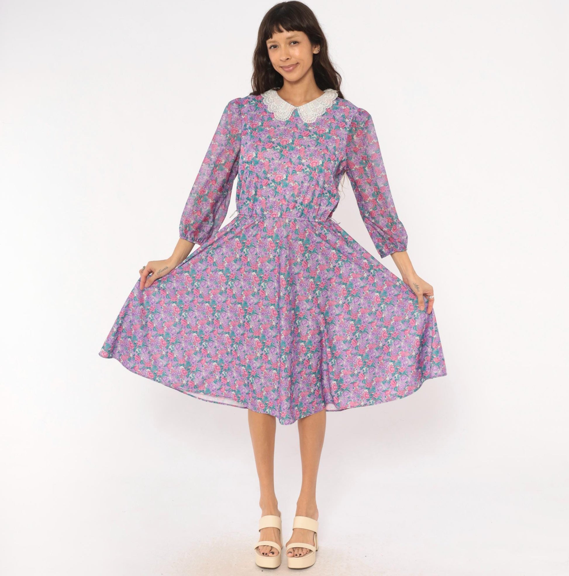 80s M.C.S.Ltd. Floral Midi Dress Puff Sleeve Peter Pan Collar Purple Large L