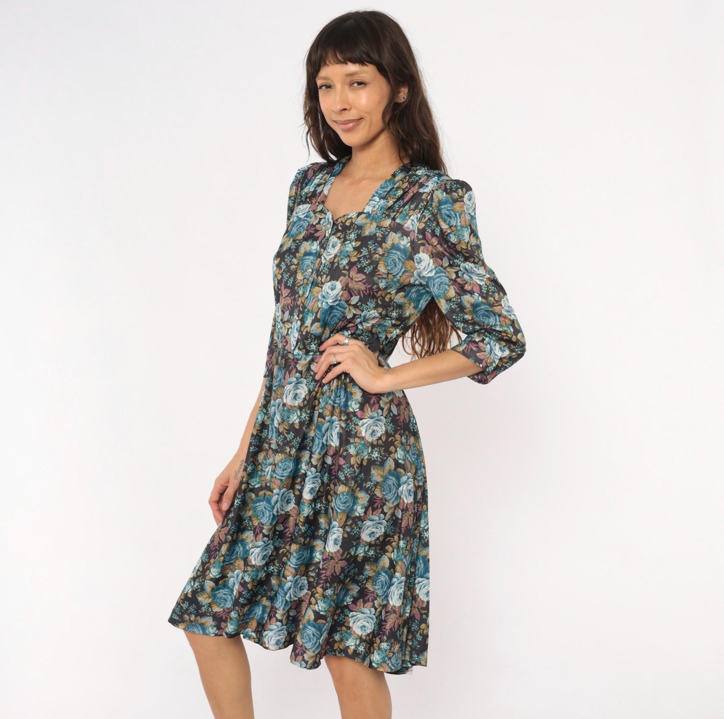 80s Rose Floral Button-Front Dress Blue Sweetheart Puff Sleeve Midi Large L
