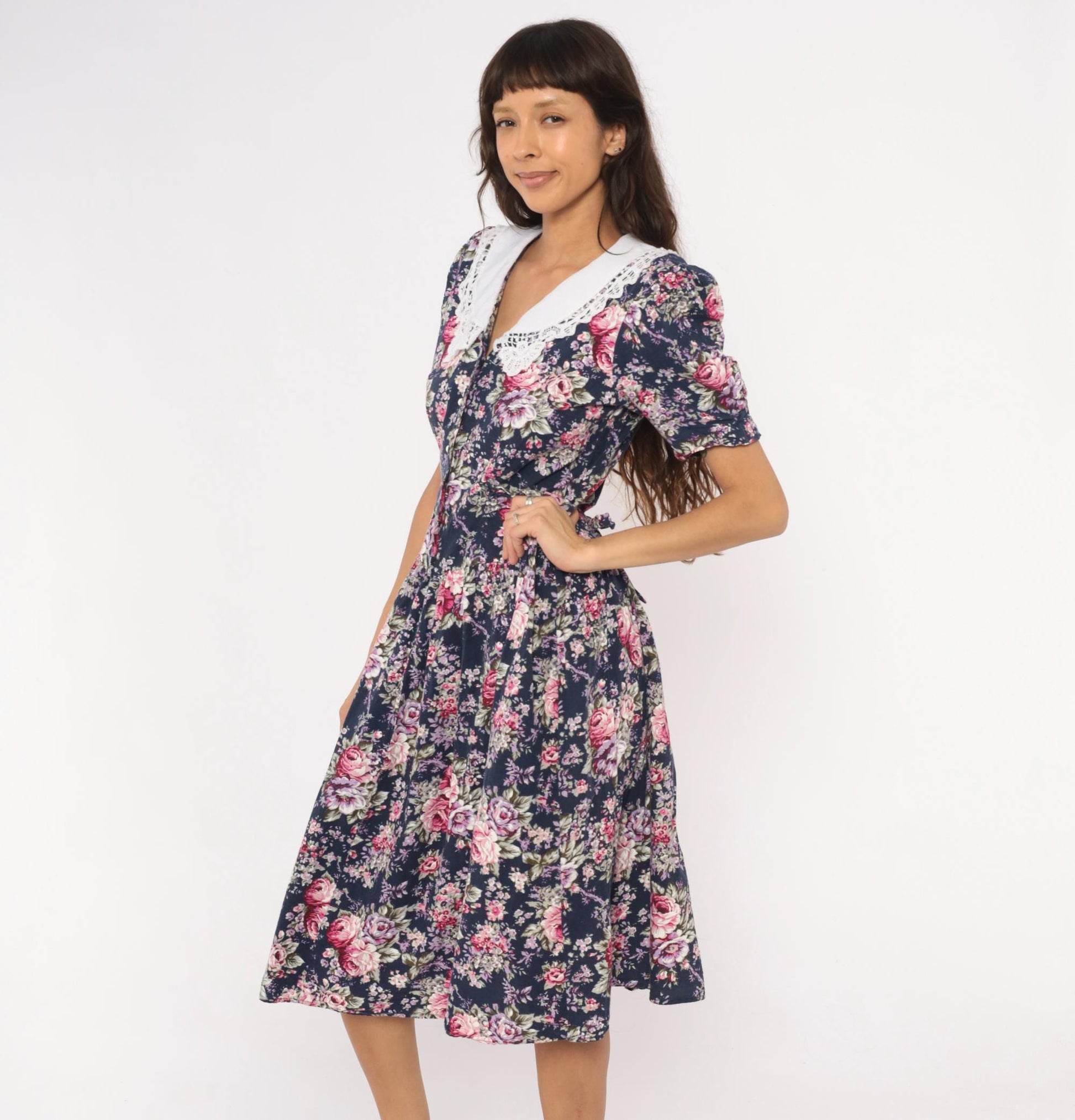 90s Especially Yours Navy Floral Midi Dress Lace Collar Puff Sleeve Medium M