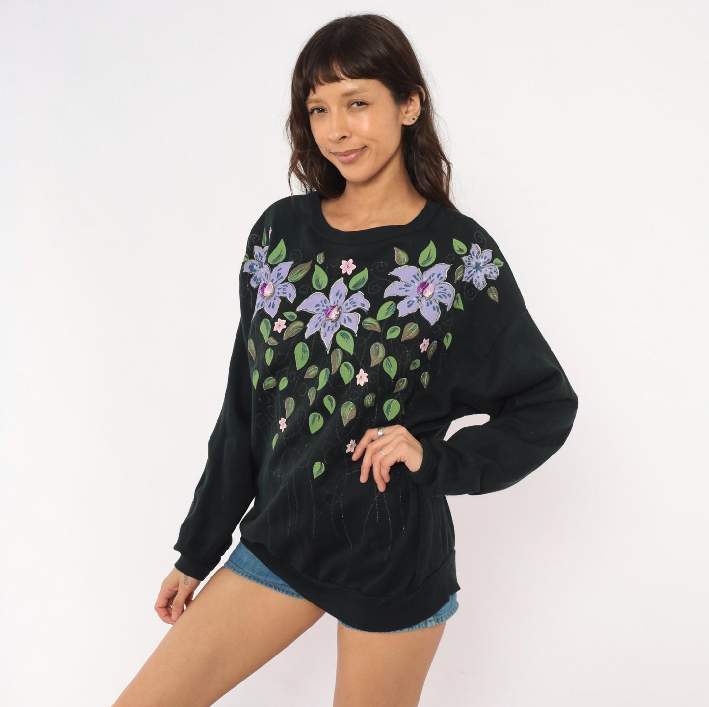90s Cristin Stevens Floral Sweatshirt Black Purple Lily Jeweled Crewneck Large L