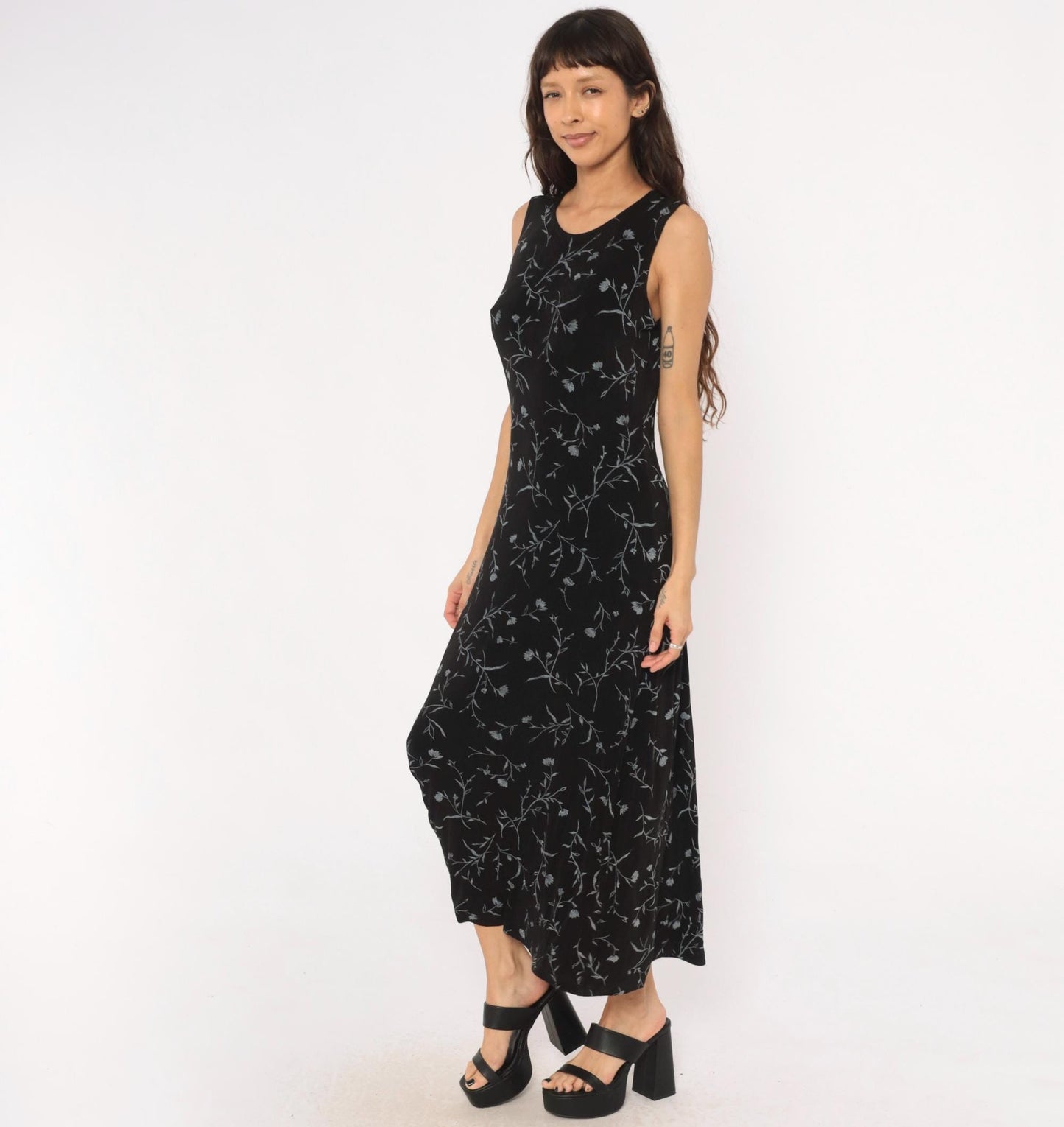 90s Ronni Nicole Black Floral Maxi Dress Grey Vine Print Sleeveless Large L