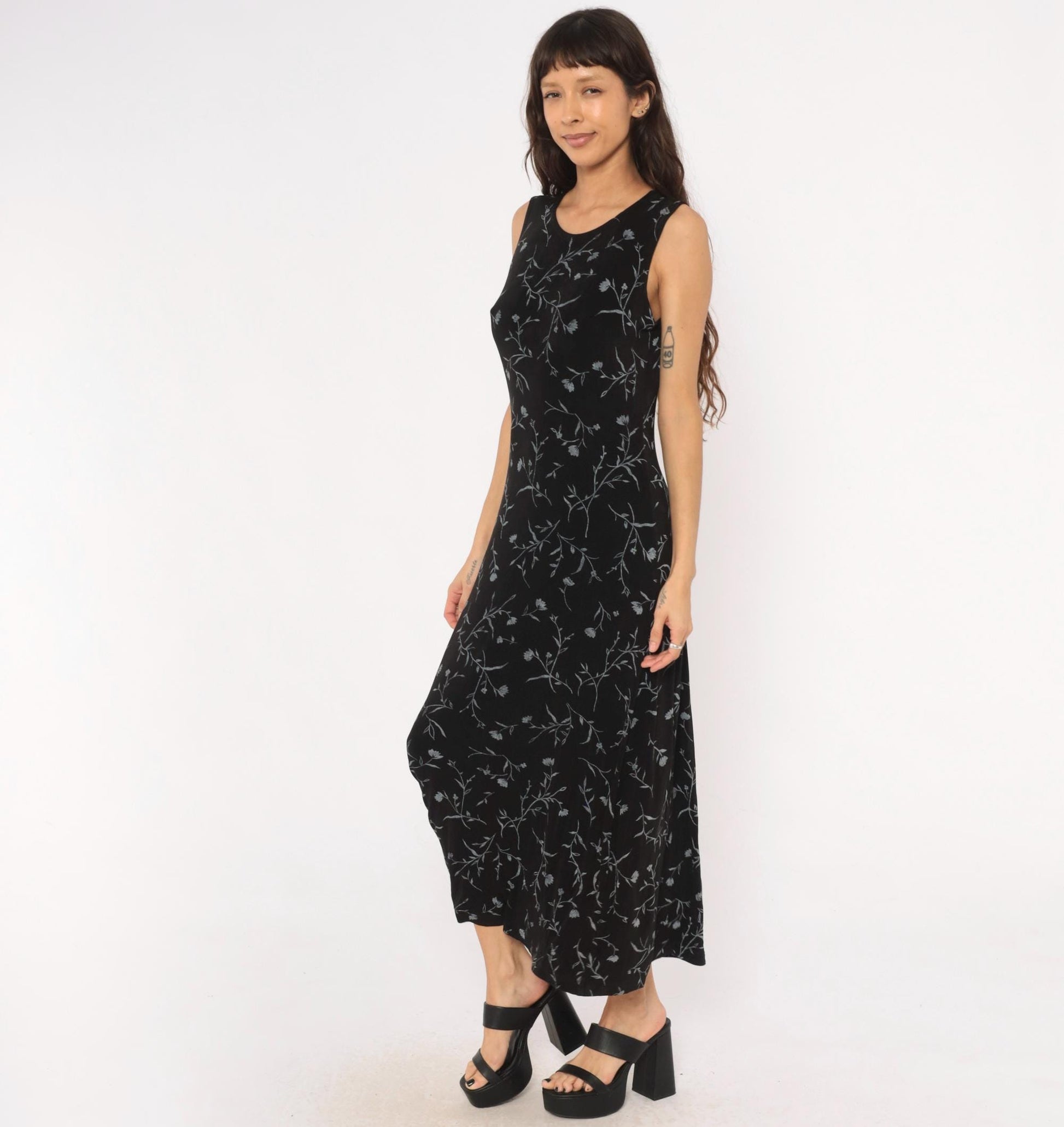90s Ronni Nicole Black Floral Maxi Dress Grey Vine Print Sleeveless Large L