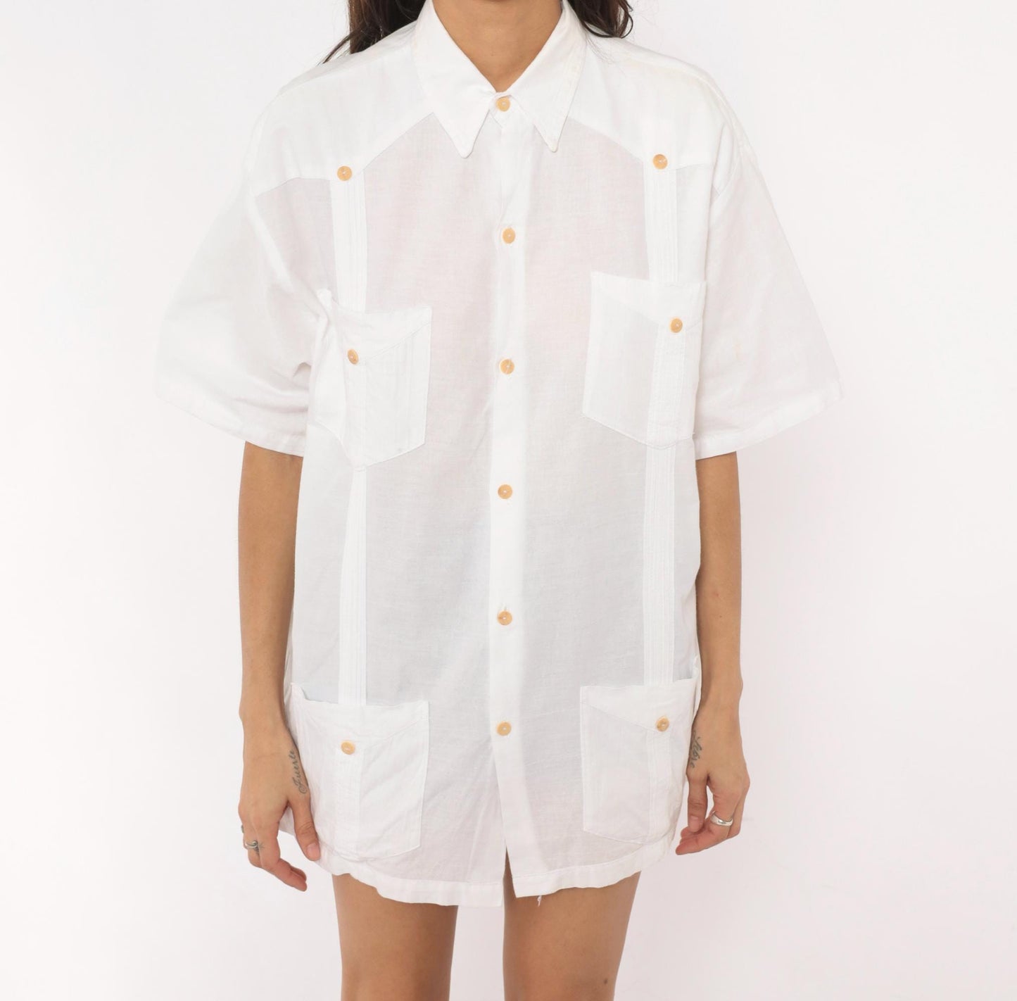 90s White Cotton Button-Up Shirt Four Pocket Short Sleeve Pointed Collar Extra Large XL