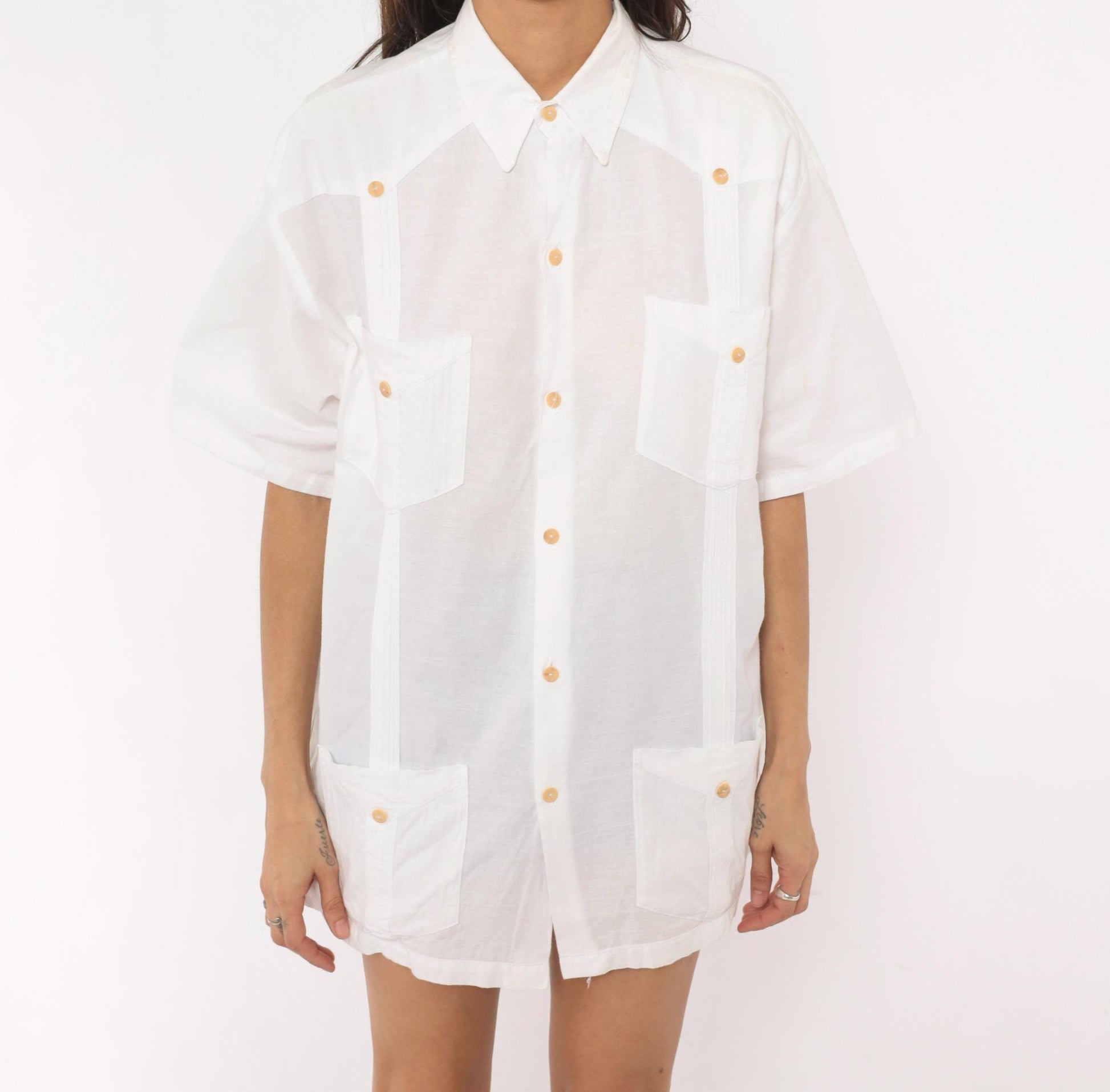 90s White Cotton Button-Up Shirt Four Pocket Short Sleeve Pointed Collar Extra Large XL