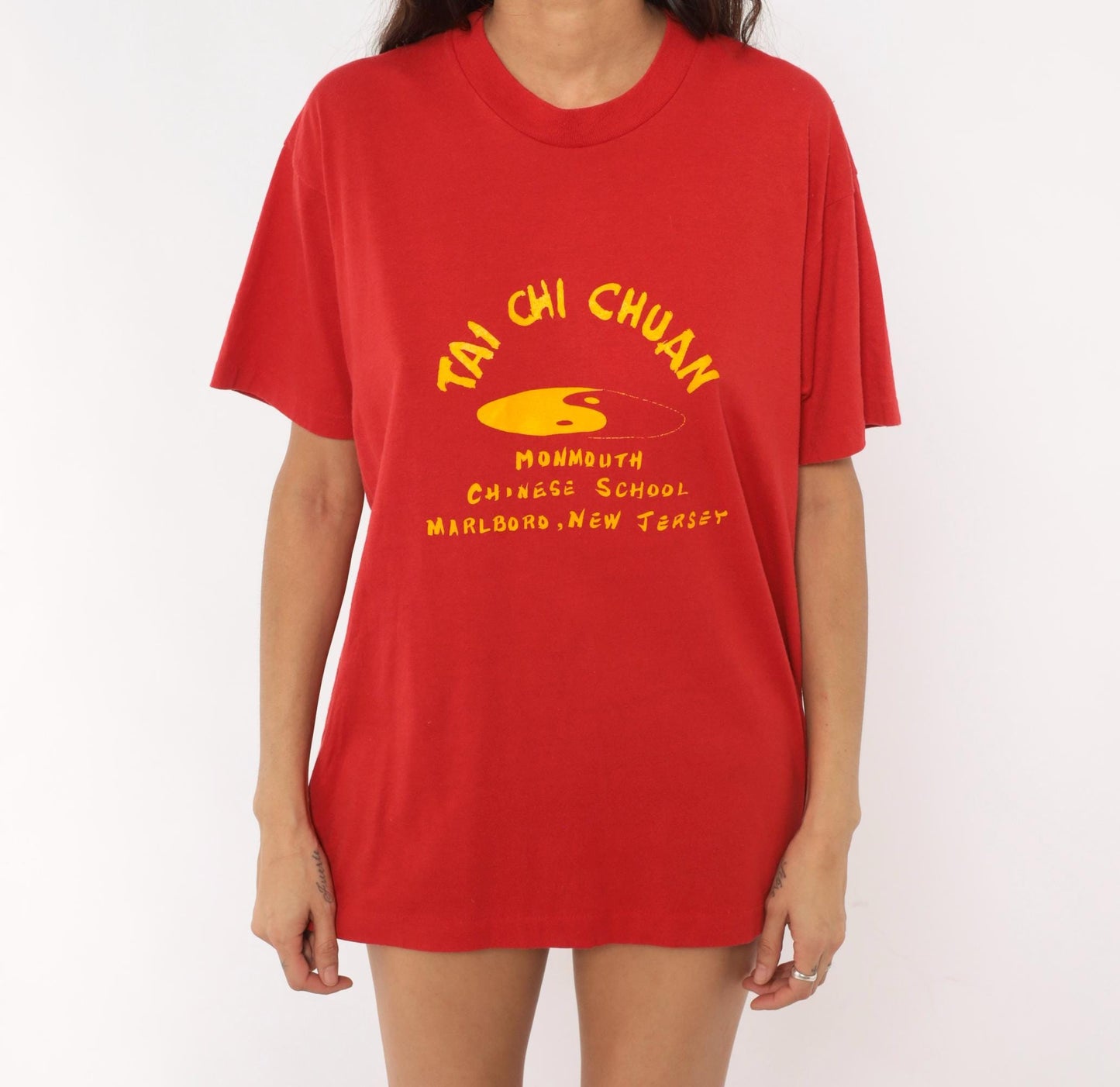 90s Screen Stars Tai Chi Chuan Graphic Tee Red Yellow Yin Yang Extra Large XL