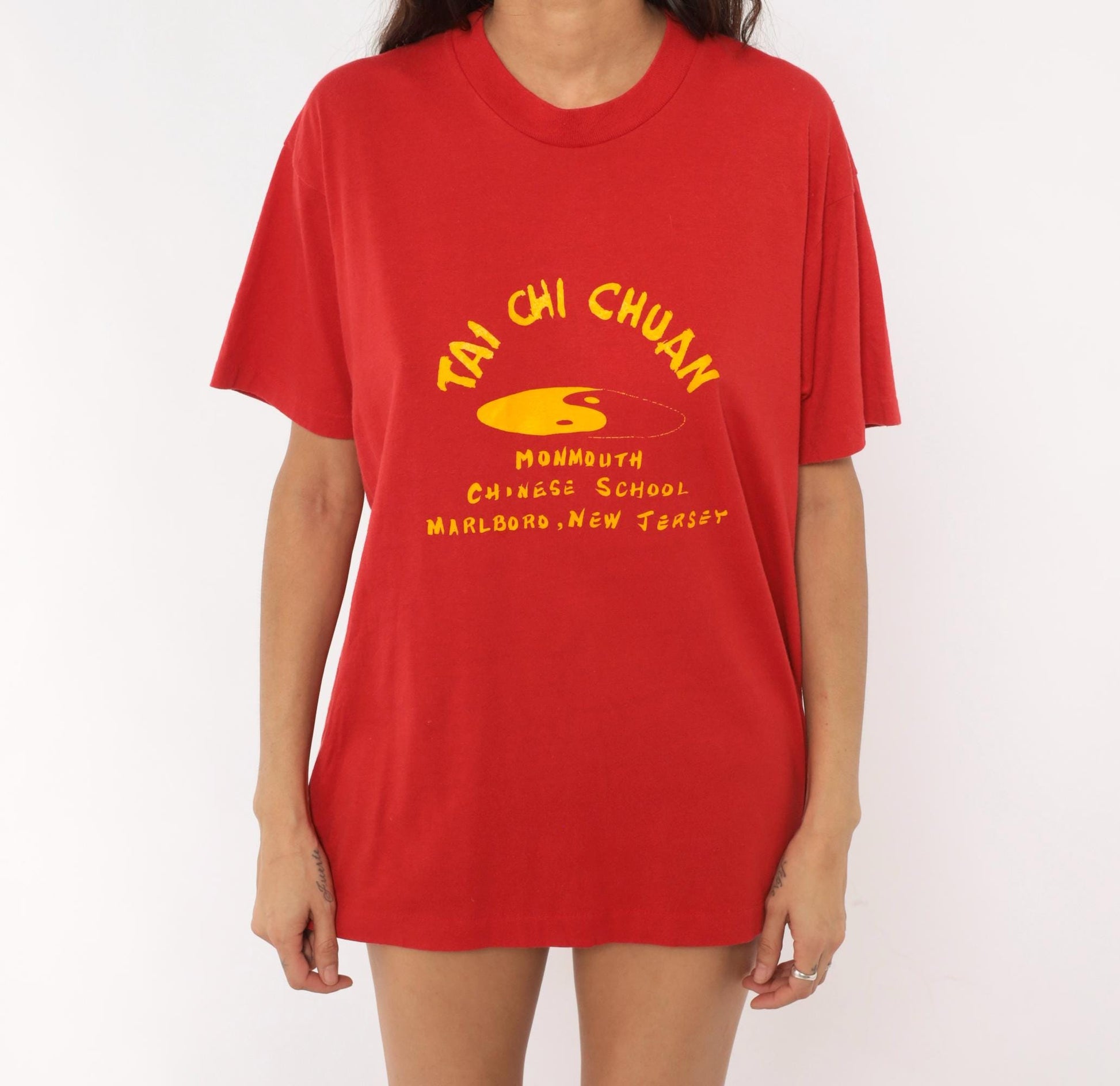 90s Screen Stars Tai Chi Chuan Graphic Tee Red Yellow Yin Yang Extra Large XL
