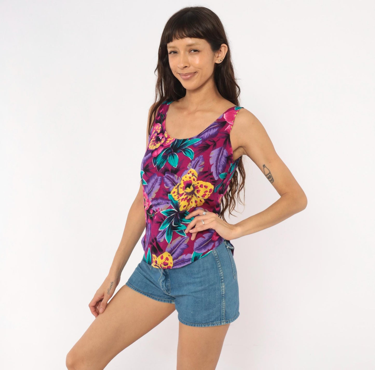 90s Judy Knapp Tropical Floral Tank Top Magenta Purple Rayon Extra Small XS