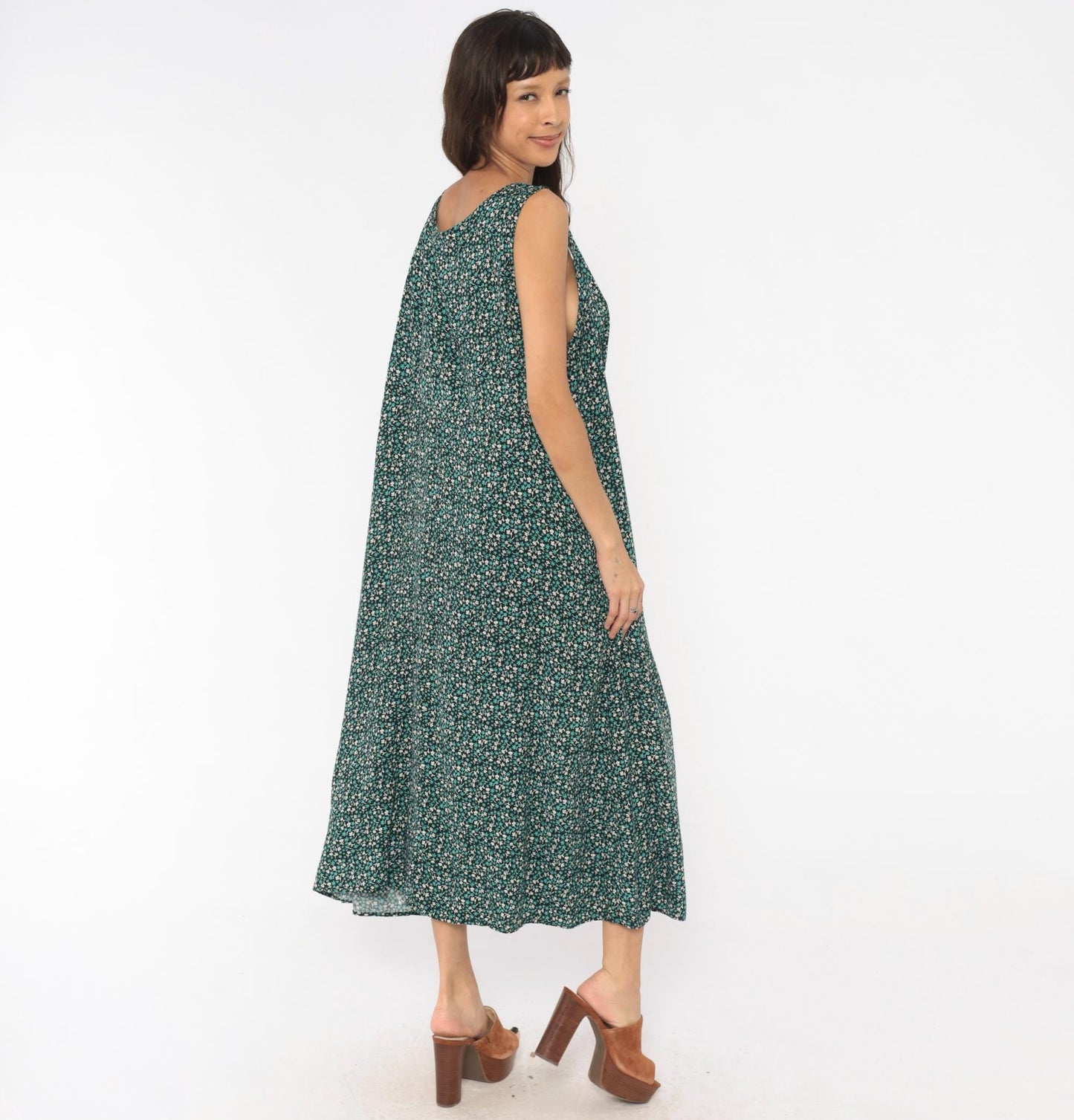 90s Teddi Woman Ditsy Floral Maxi Dress Teal Cream Black Tank Plus Size XXL