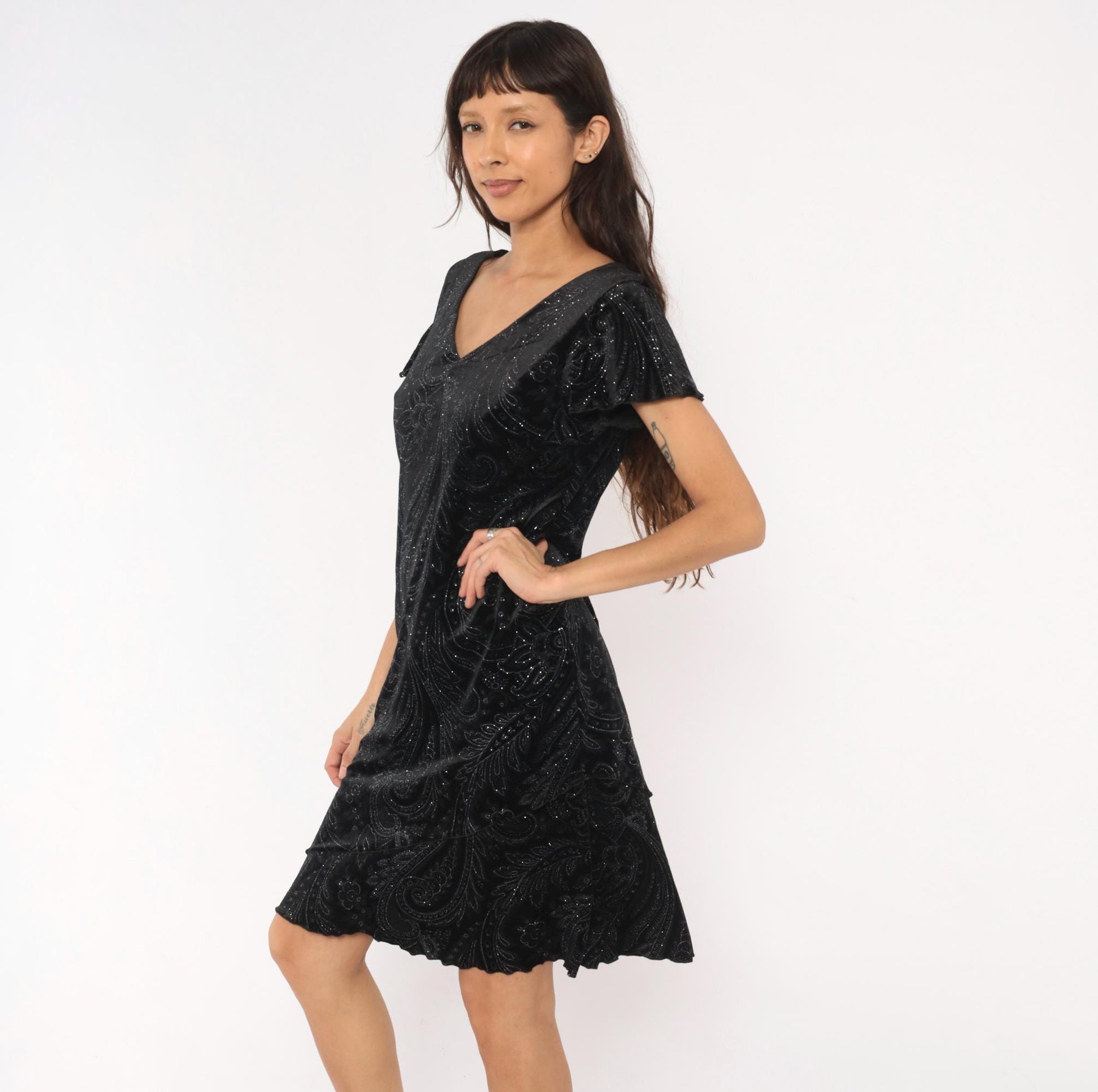 90s S.L. Fashions Black Velvet Paisley Glitter Dress Flutter Sleeve Medium Petite