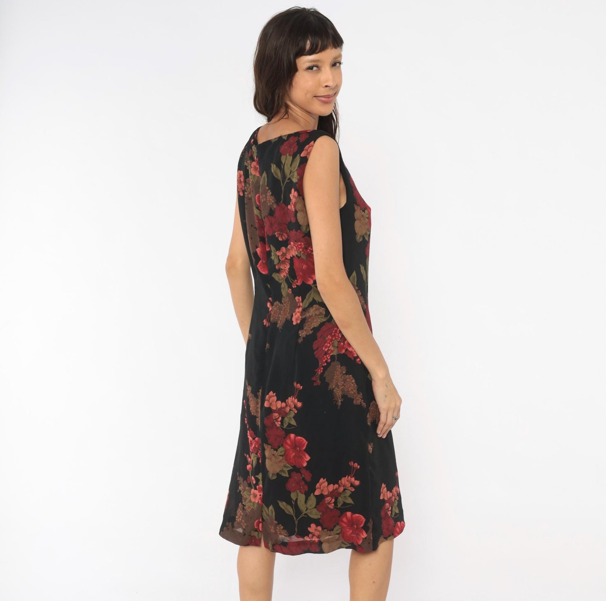90s David Warren Floral Shift Dress Black Red Roses Knee-Length Large L