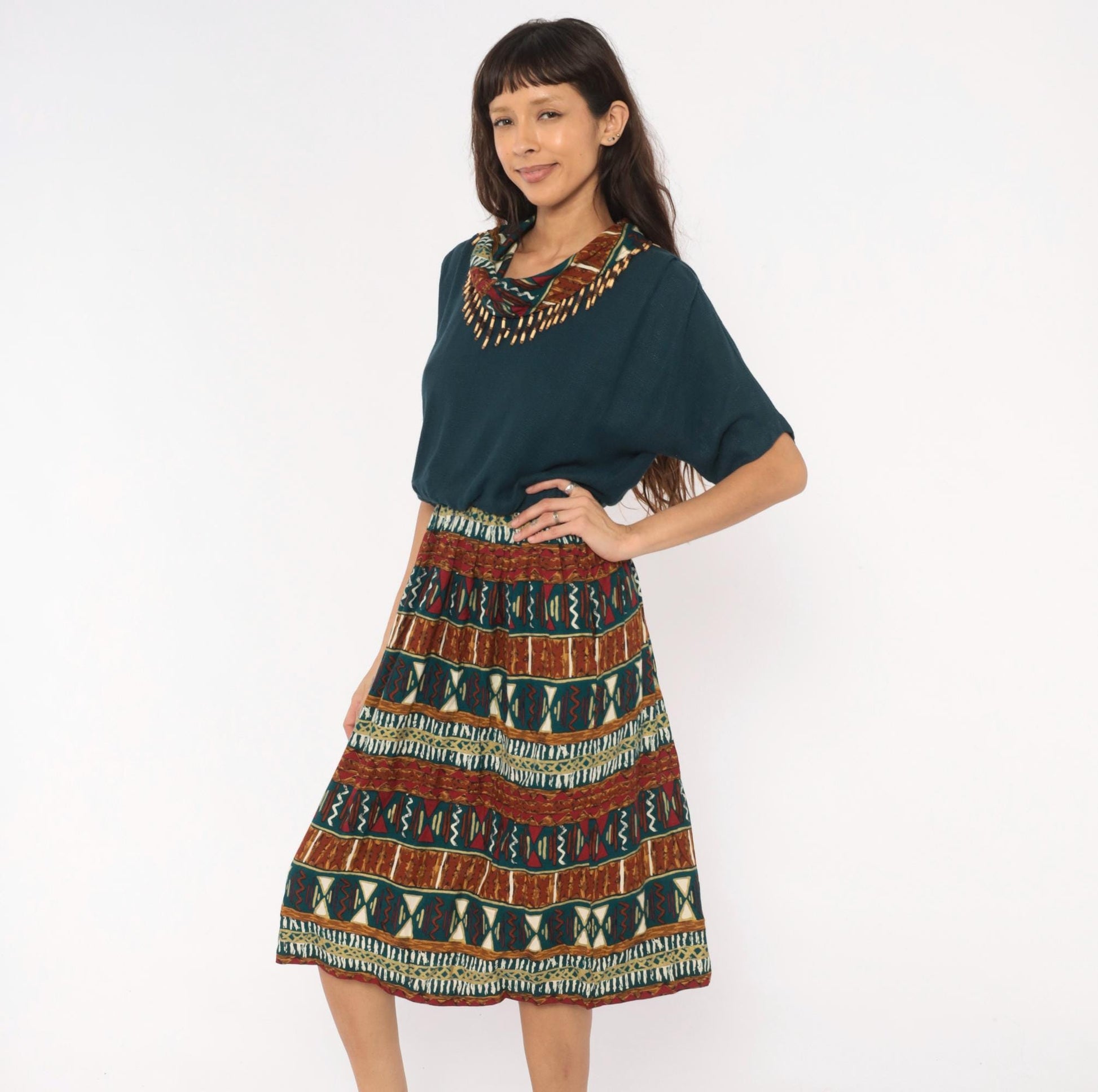 90s Stuart Alan Petites Tribal Print Dress Teal Burgundy Midi V Neck Medium