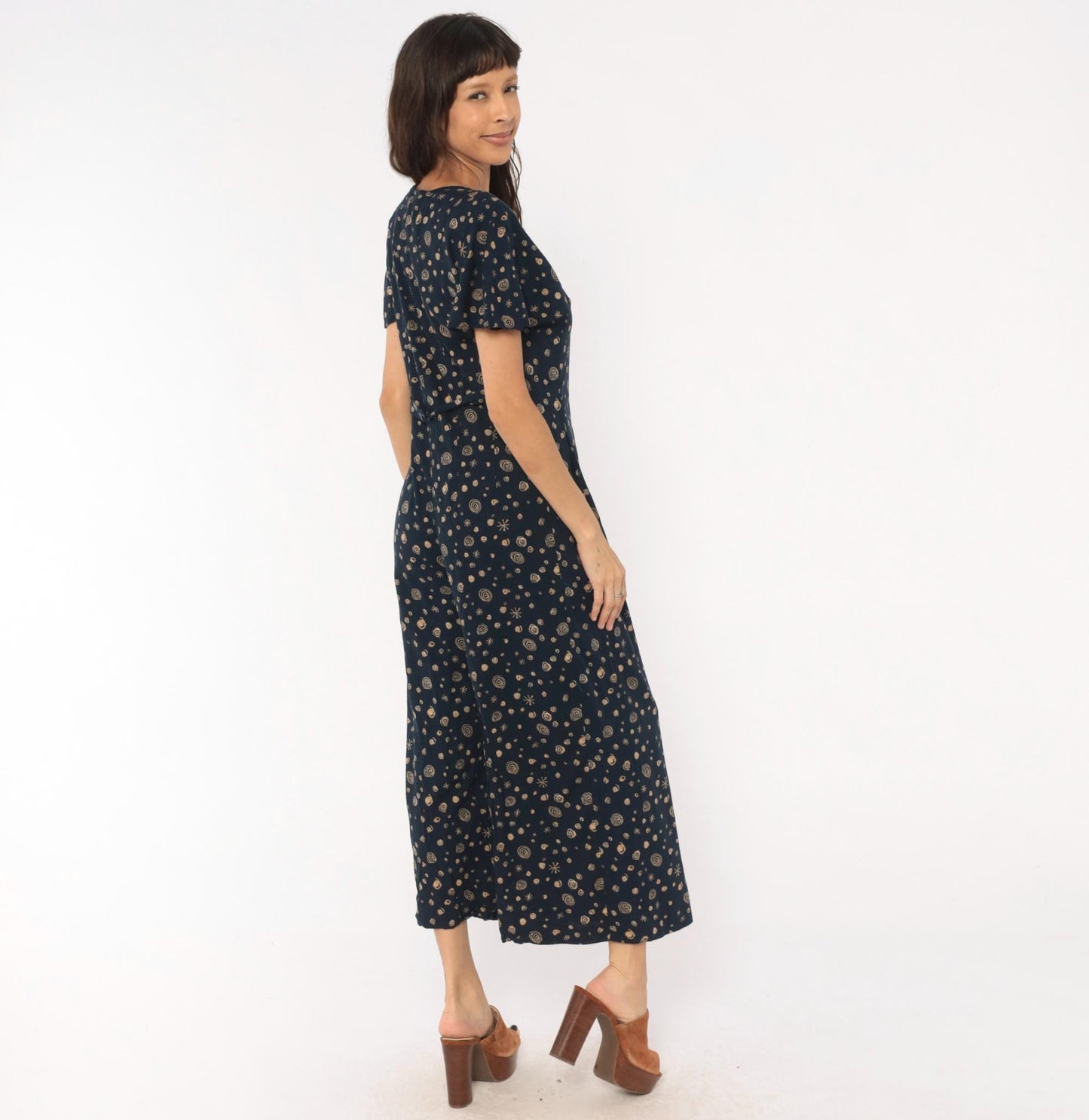 90s Darian Petites Celestial Jumpsuit Navy Tan Star Print Wide Leg Medium M
