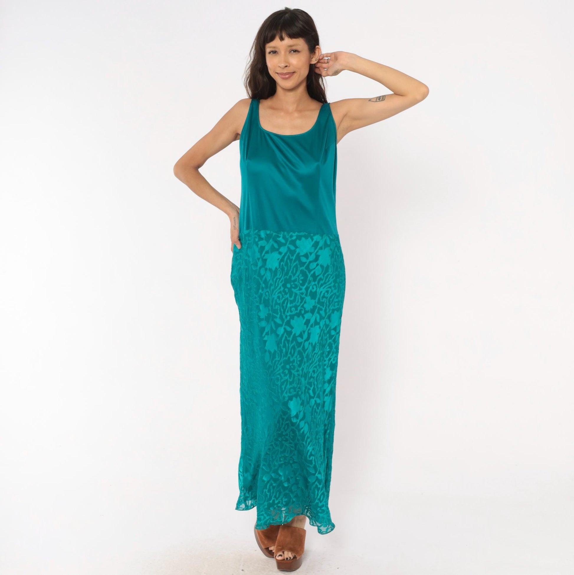 Y2K Cattiva Teal Silk Burnout Maxi Dress Floral Devore Scoop Neck Medium M