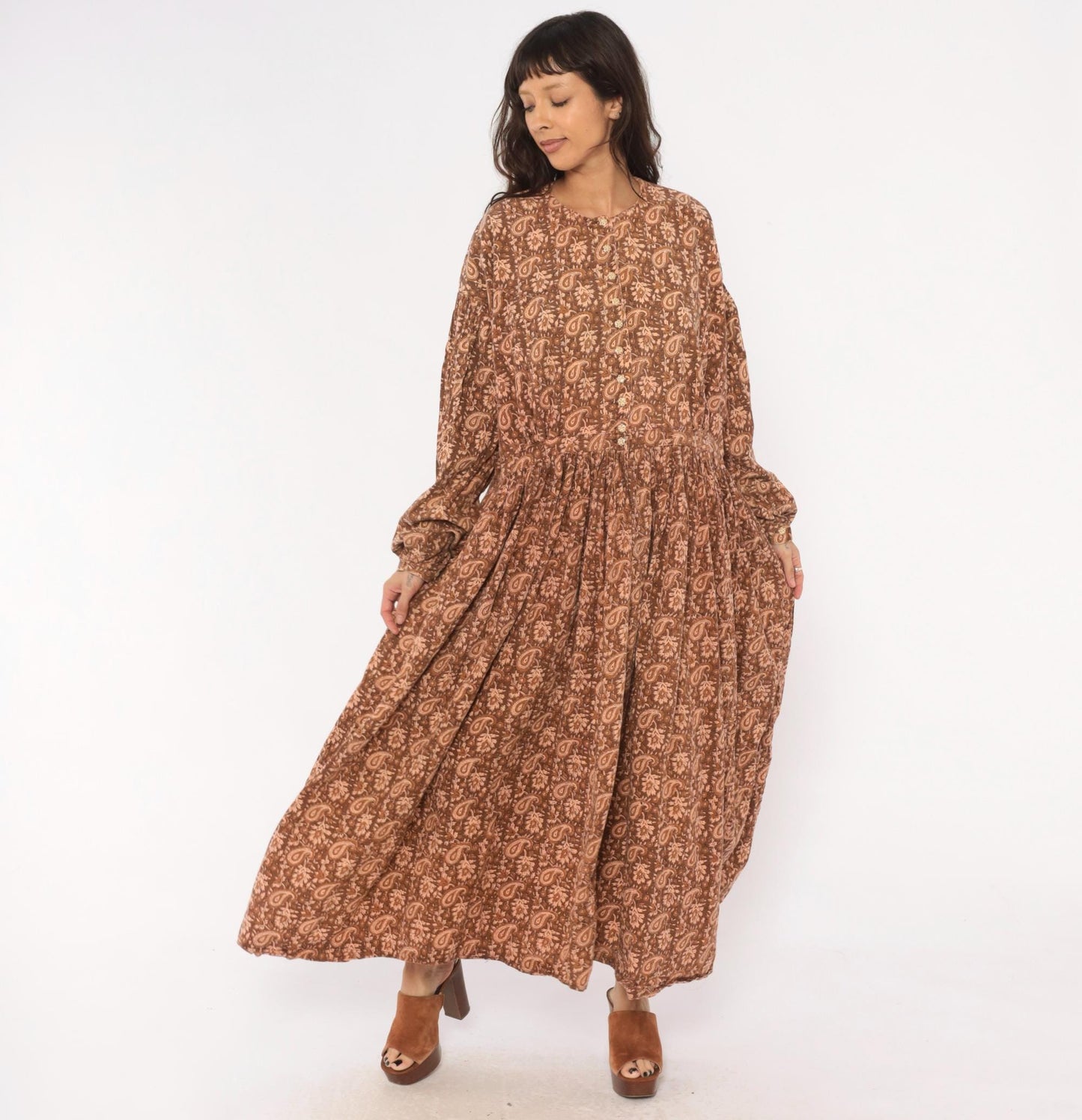 90s Brown Paisley Floral Maxi Dress Cotton Button Front Balloon Sleeve Large