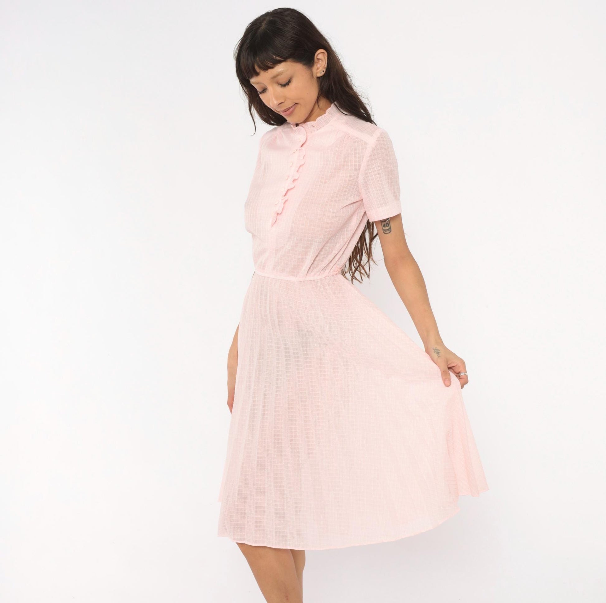70s Blush Pink Shirtdress Pleated Midi Ruffled Collar Puff Sleeve Small S